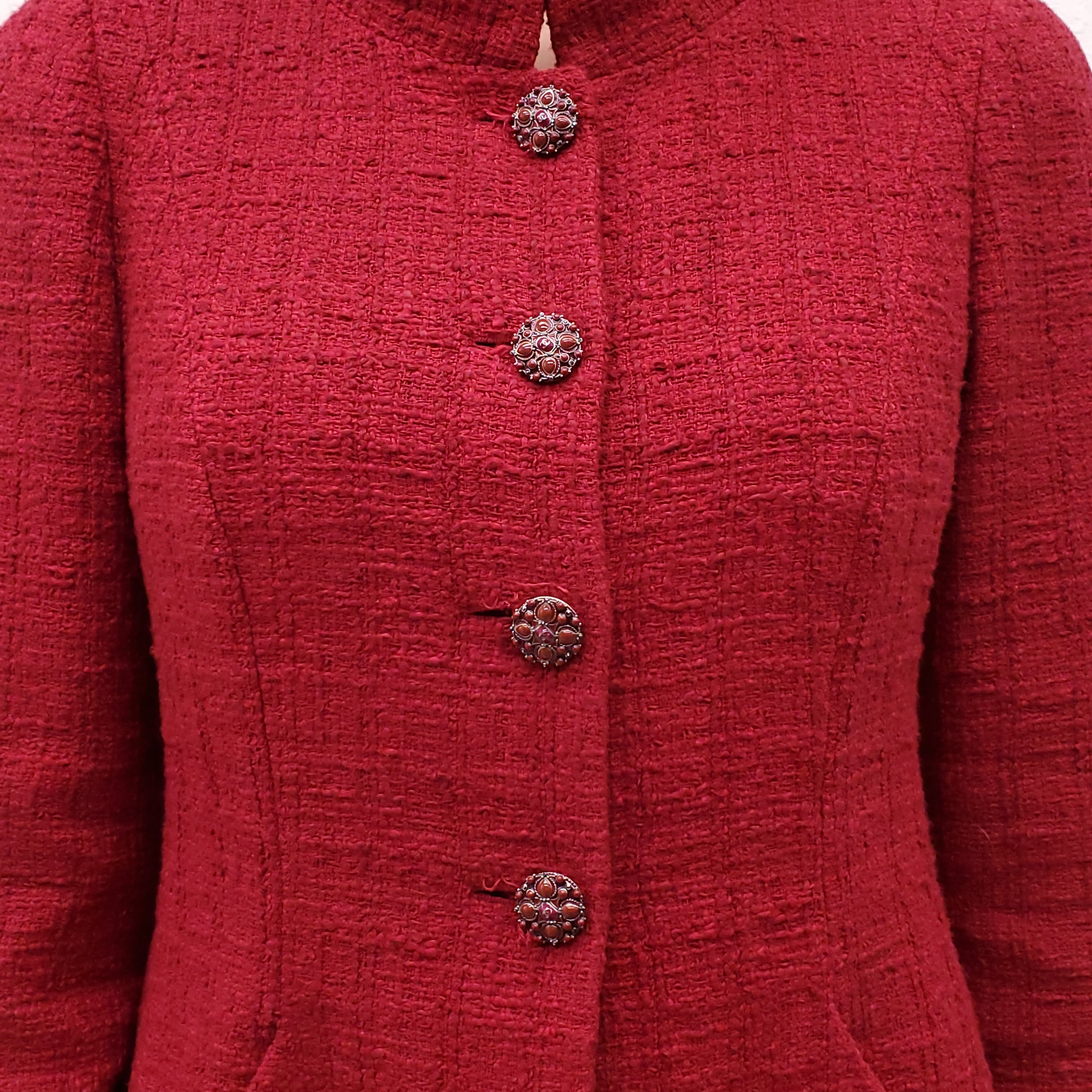 CHANEL RED TWEED SUIT WITH CRYSTAL BUTTONS - SIZE 42