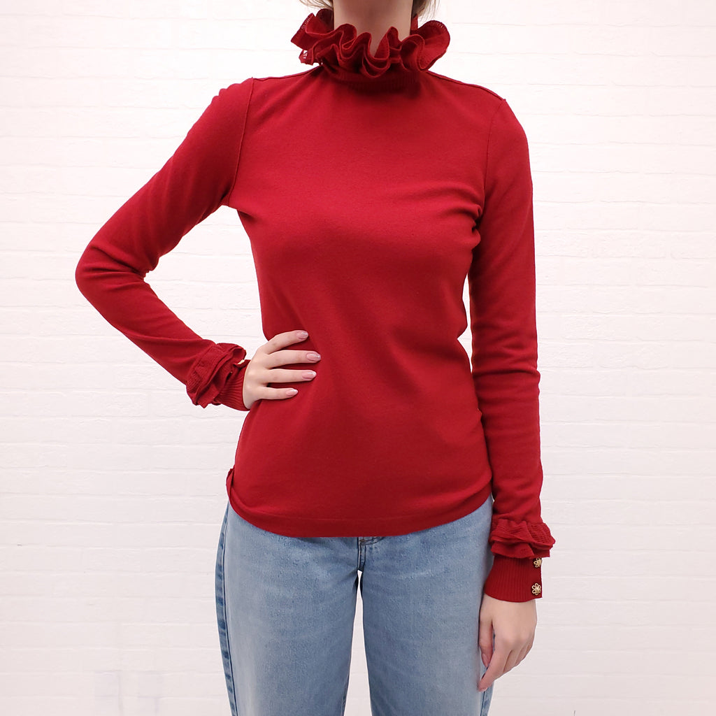 CHANEL RED WOOL RUFFLE TURTLENECK SWEATER WITH GOLD BUTTONS - SIZE 36