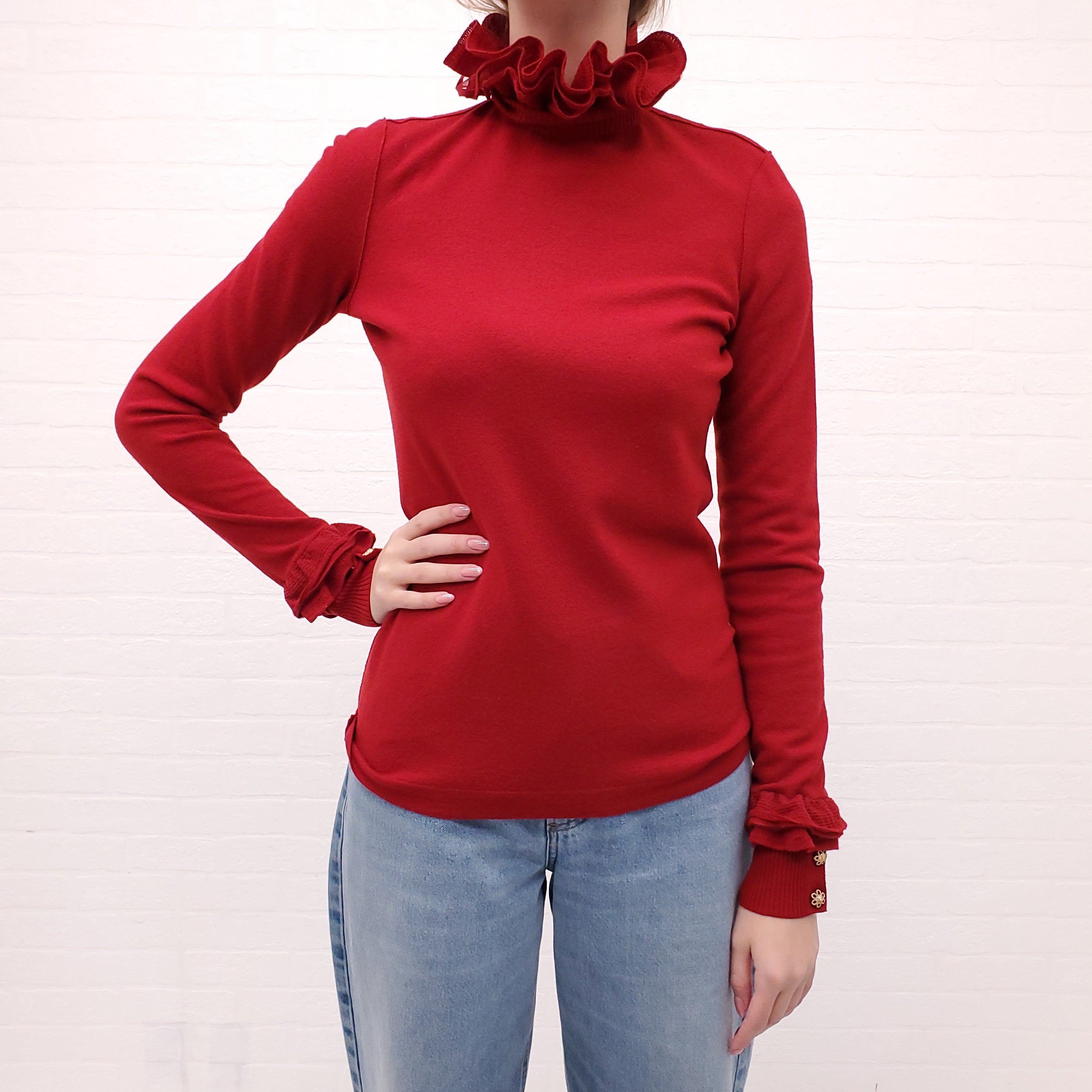 CHANEL RED WOOL RUFFLE TURTLENECK SWEATER WITH GOLD BUTTONS - SIZE 36