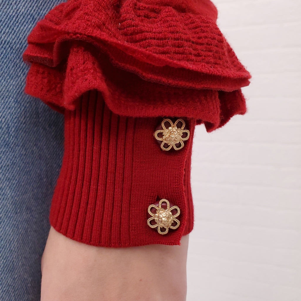 CHANEL RED WOOL RUFFLE TURTLENECK SWEATER WITH GOLD BUTTONS - SIZE 36
