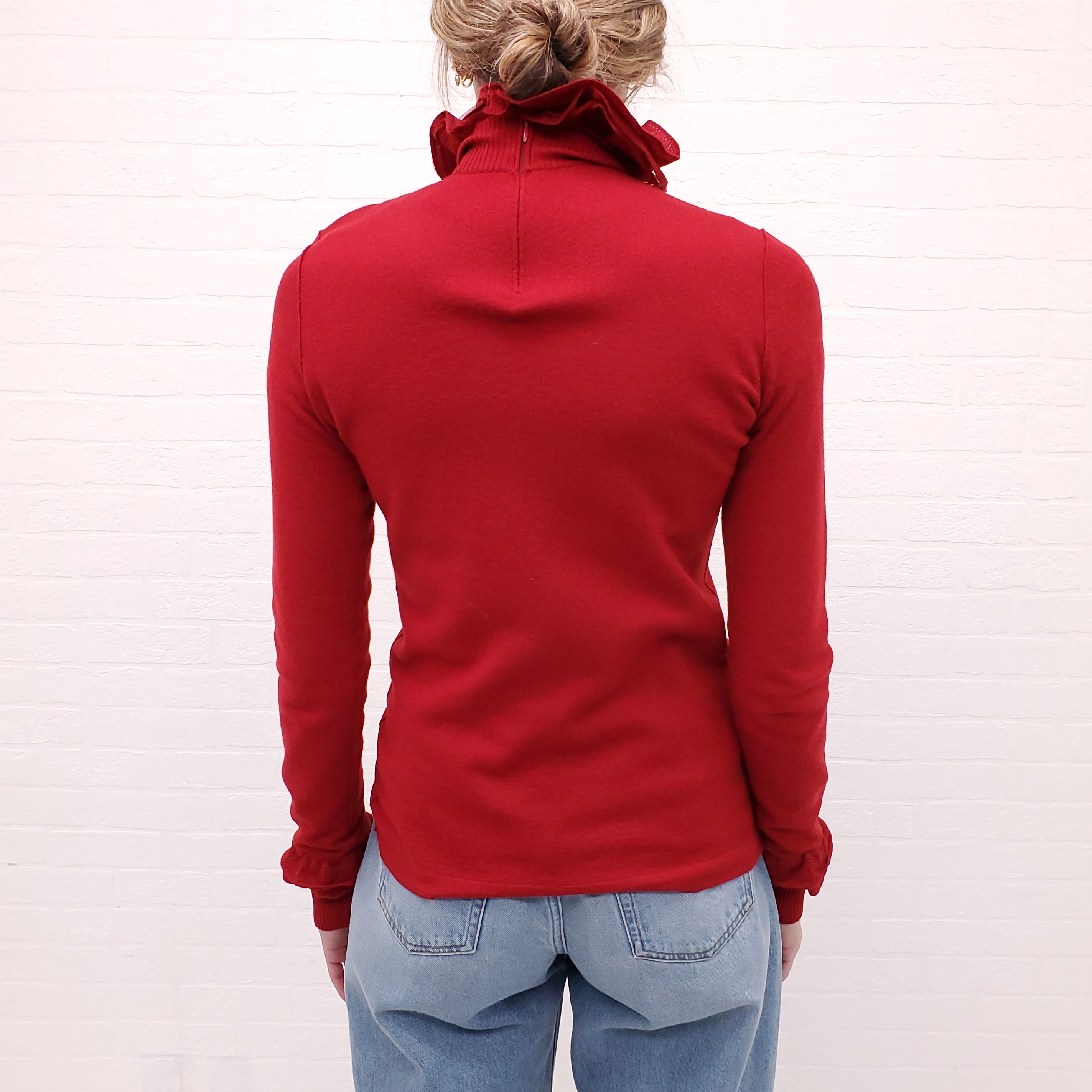 CHANEL RED WOOL RUFFLE TURTLENECK SWEATER WITH GOLD BUTTONS - SIZE 36