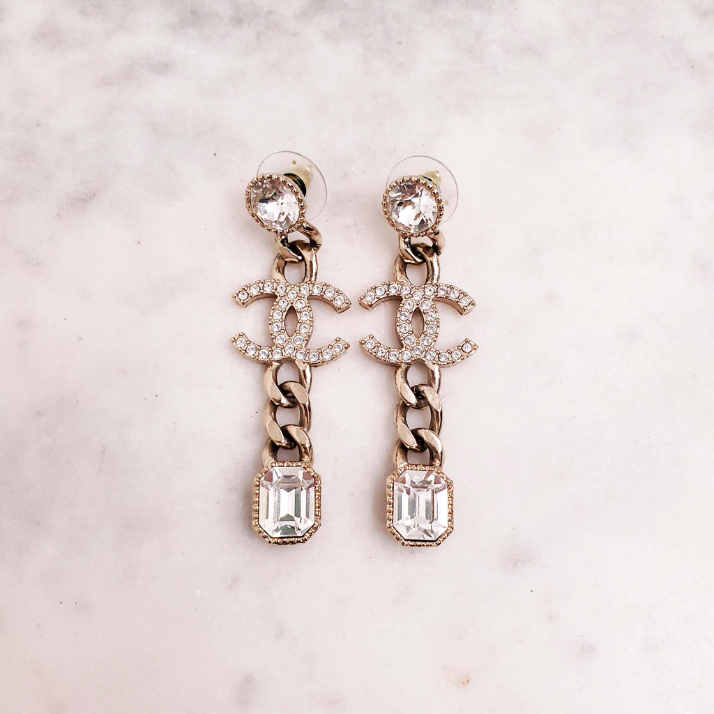 CHANEL RHINESTONE LOGO DROP EARRINGS