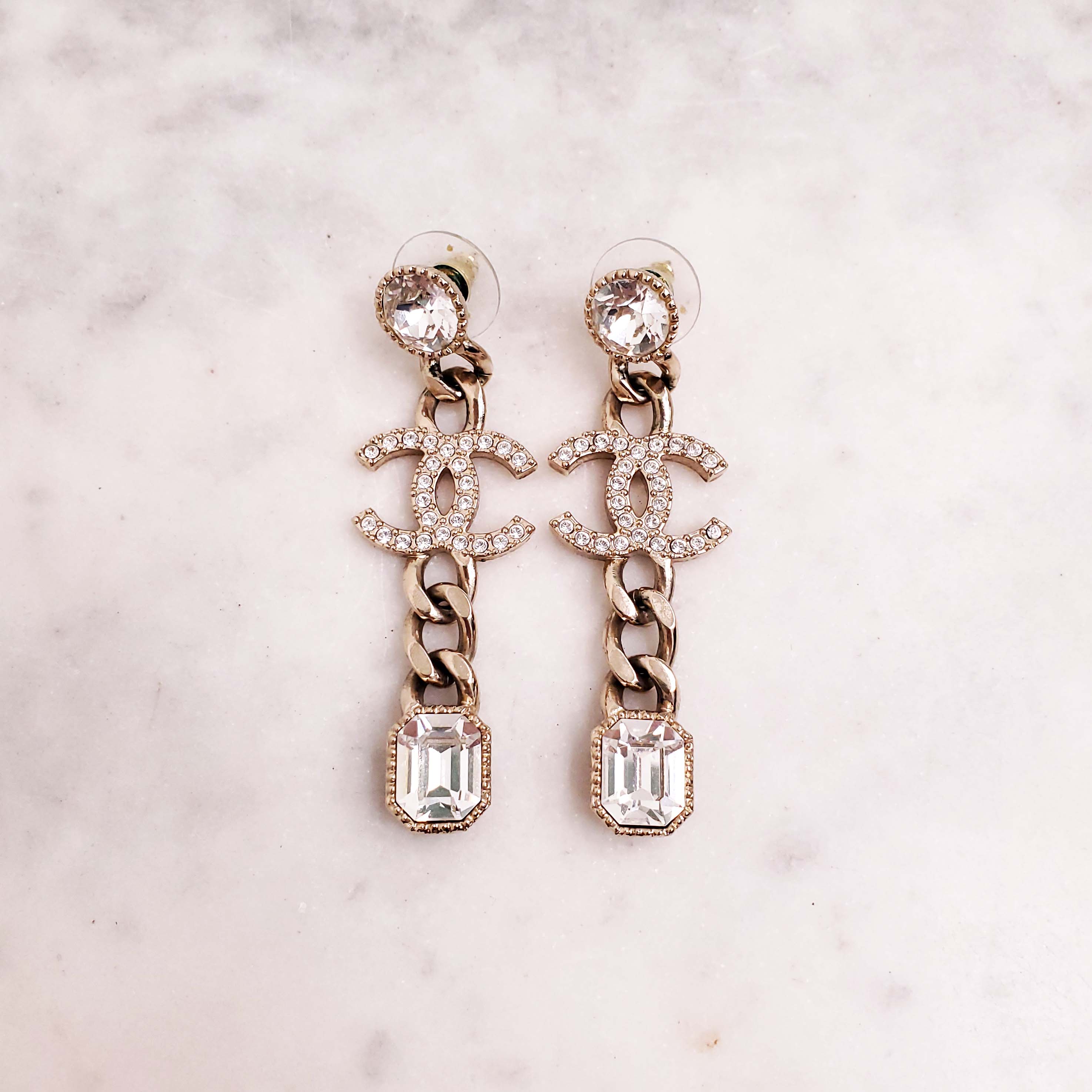 CHANEL RHINESTONE LOGO DROP EARRINGS