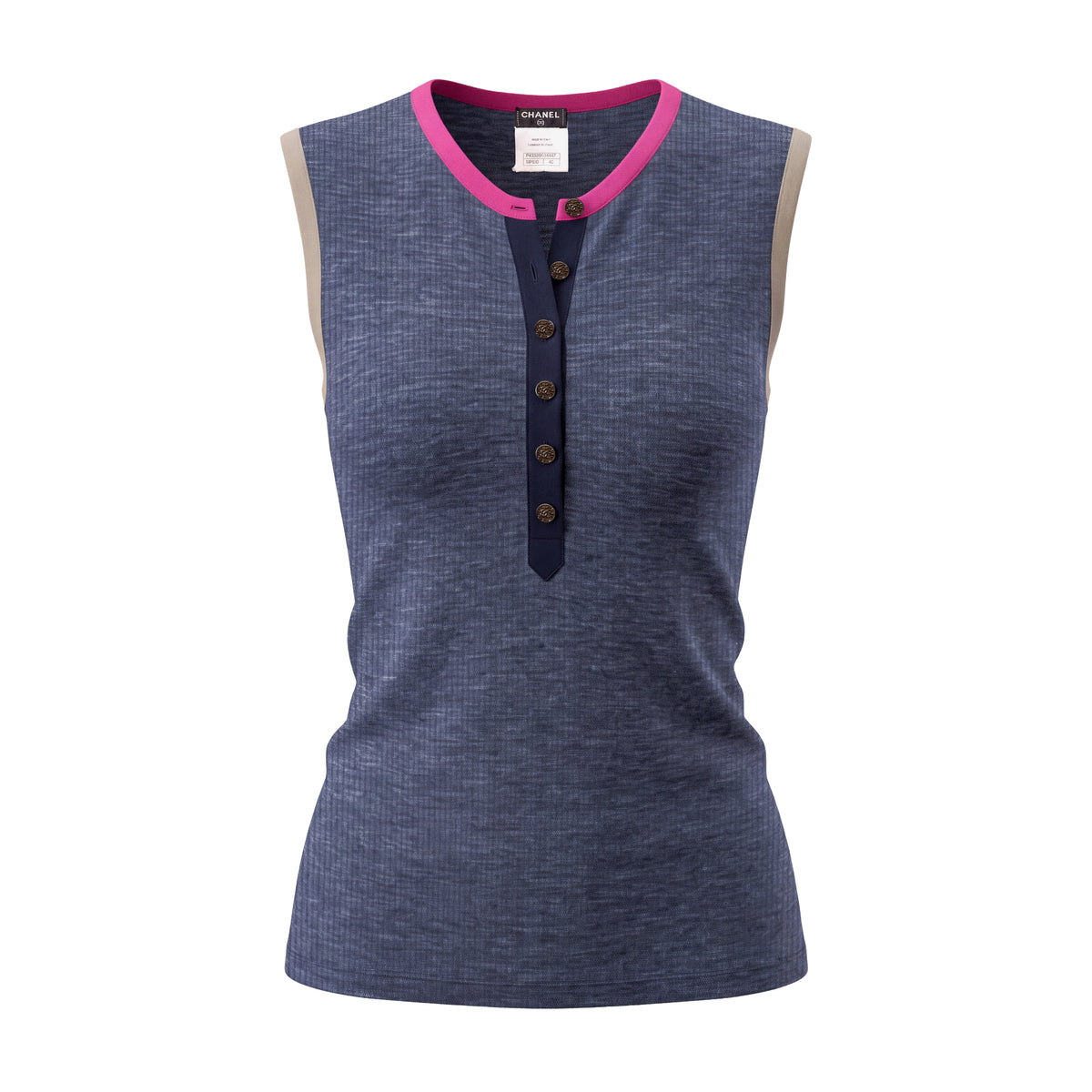 CHANEL RIBBED GREY PINK AND KHAKI TANK TOP WITH LOGO BUTTONS - SIZE 40