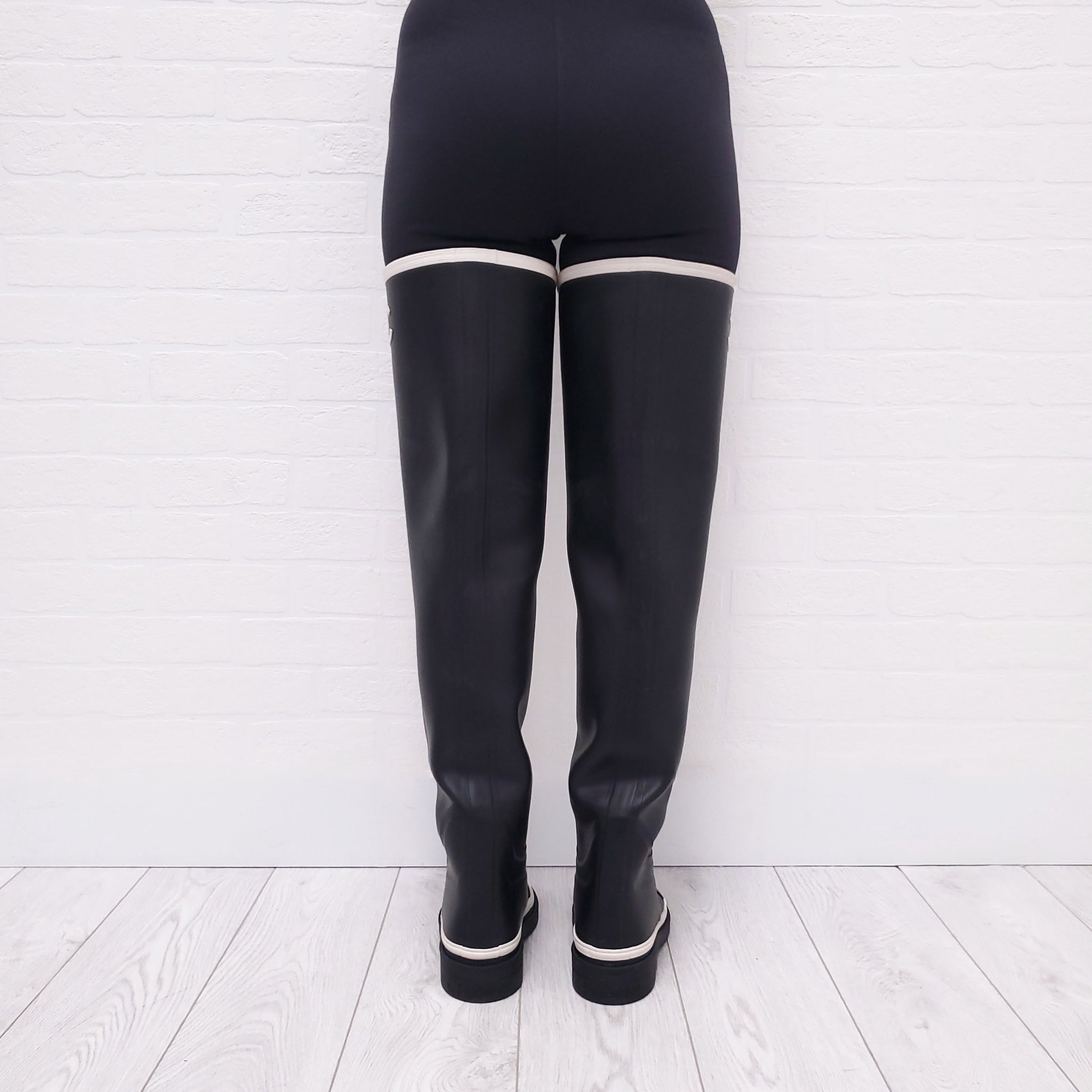 CHANEL RUNWAY BLACK THIGH HIGH LOGO RAIN BOOTS - SIZE 37