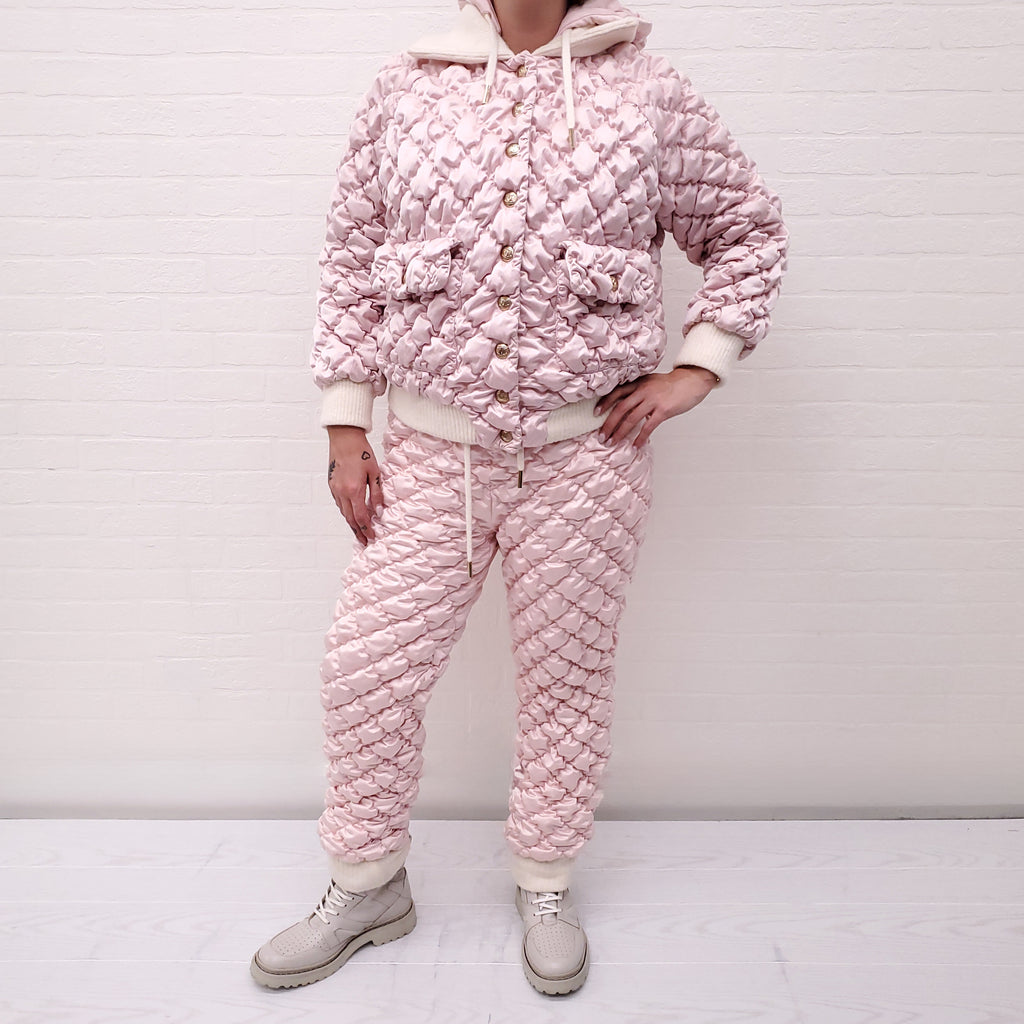 CHANEL RUNWAY PINK QUILTED BOMBER JACKET WITH MATCHING QUILTED PANT - SIZE 36