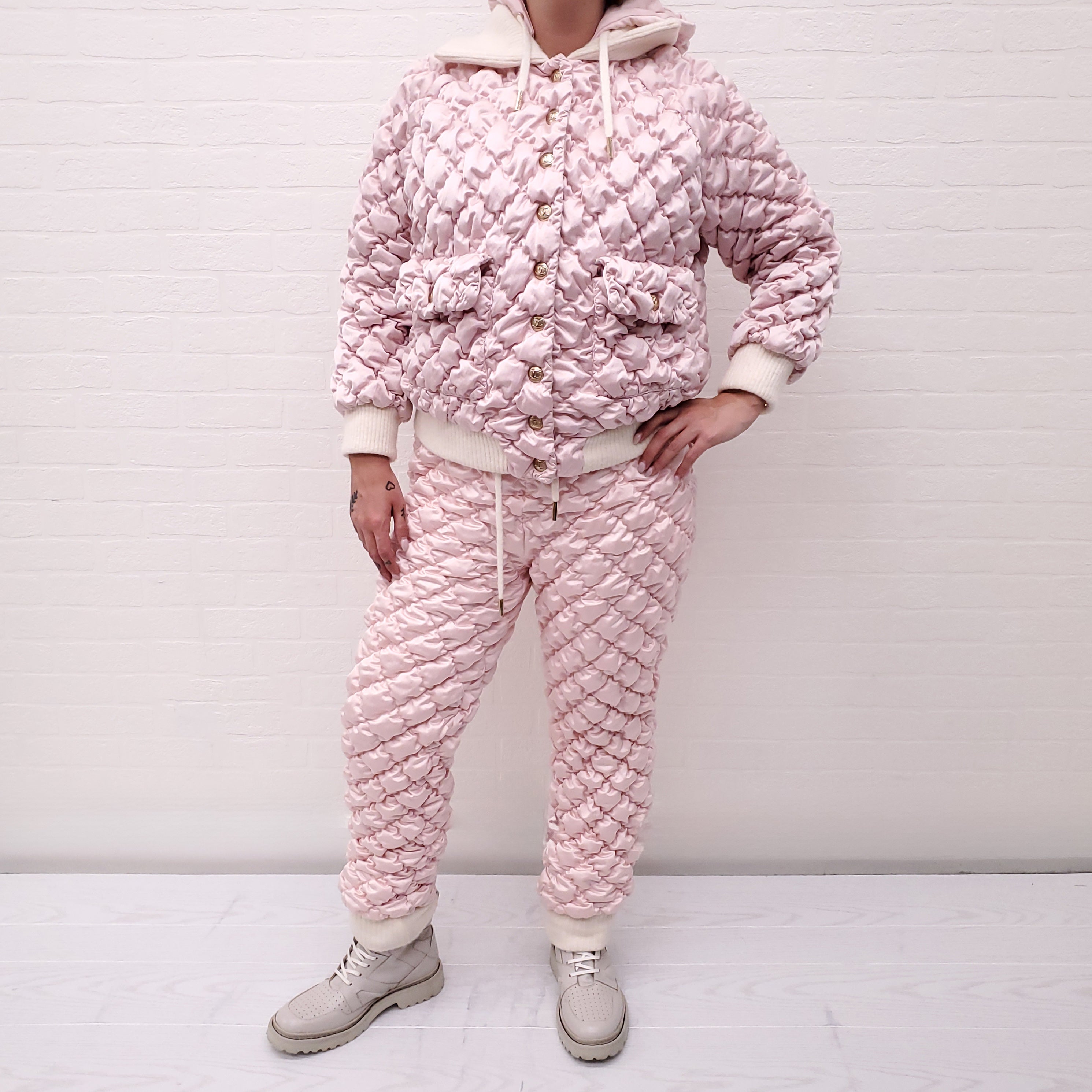 CHANEL RUNWAY PINK QUILTED BOMBER JACKET WITH MATCHING QUILTED PANT - SIZE 36