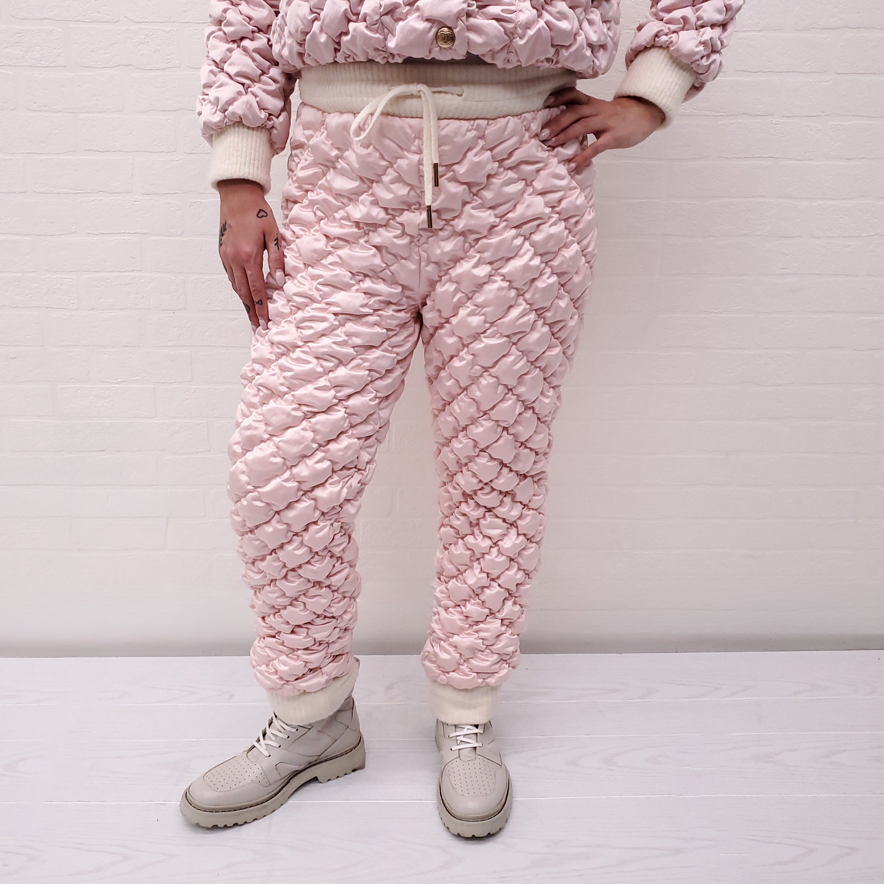 CHANEL RUNWAY PINK QUILTED BOMBER JACKET WITH MATCHING QUILTED PANT - SIZE 36