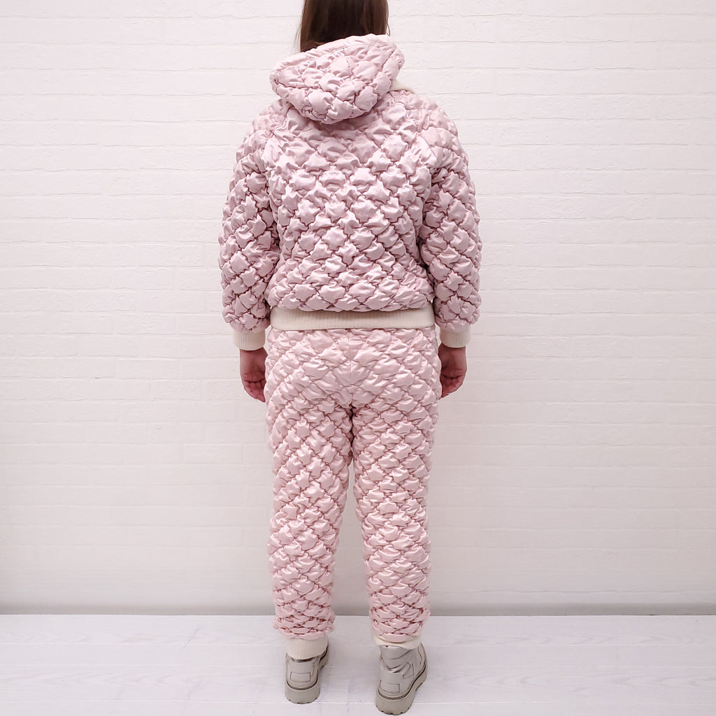 CHANEL RUNWAY PINK QUILTED BOMBER JACKET WITH MATCHING QUILTED PANT - SIZE 36
