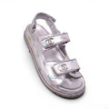 CHANEL SILVER METALLIC DAD SANDALS WITH MULTICOLOURED LOGO DETAILS - SIZE 37.5C