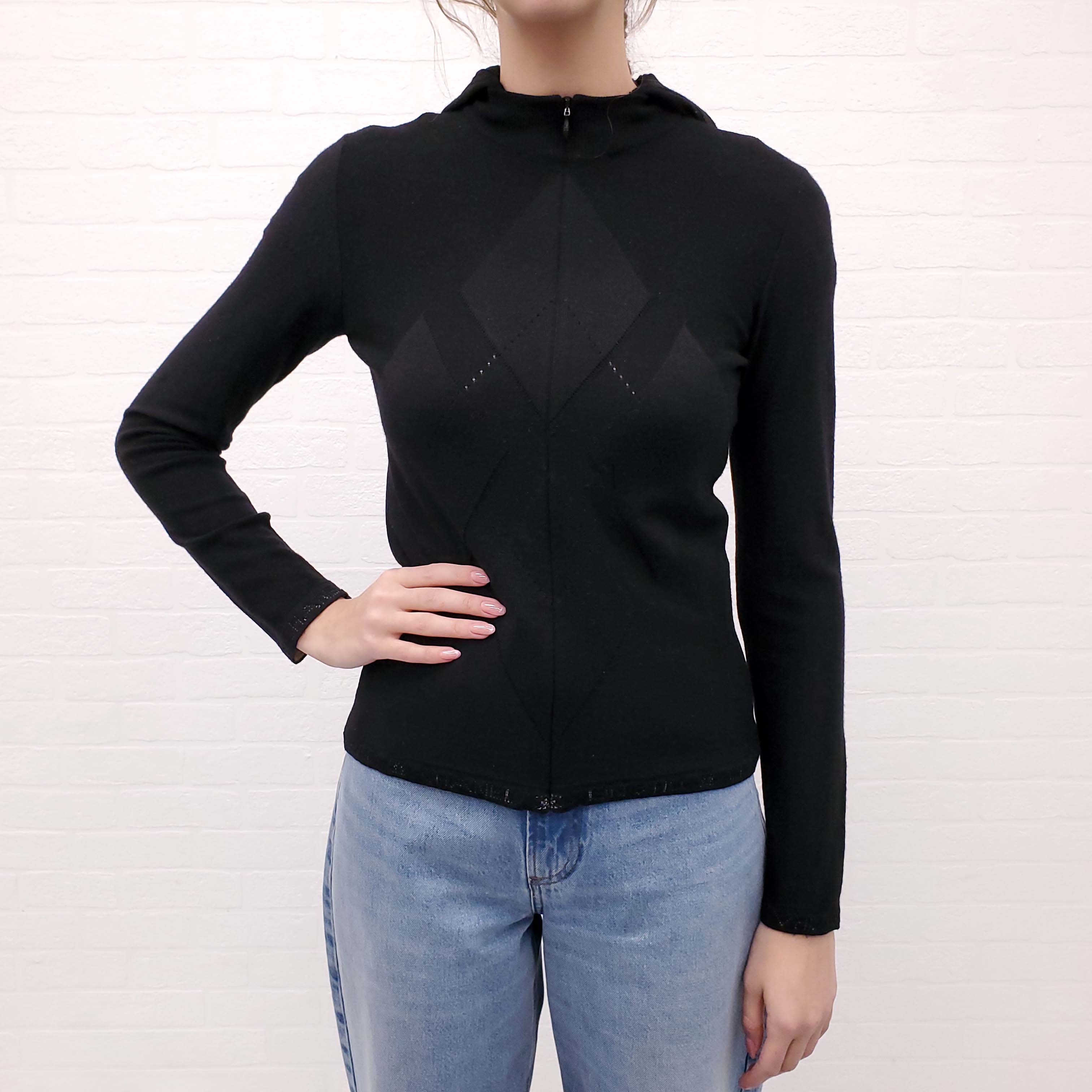 CHANEL SPORT BLACK WOOL ARGYLE SWEATER WITH HOOD AND LOGO DETAIL - SIZE 36