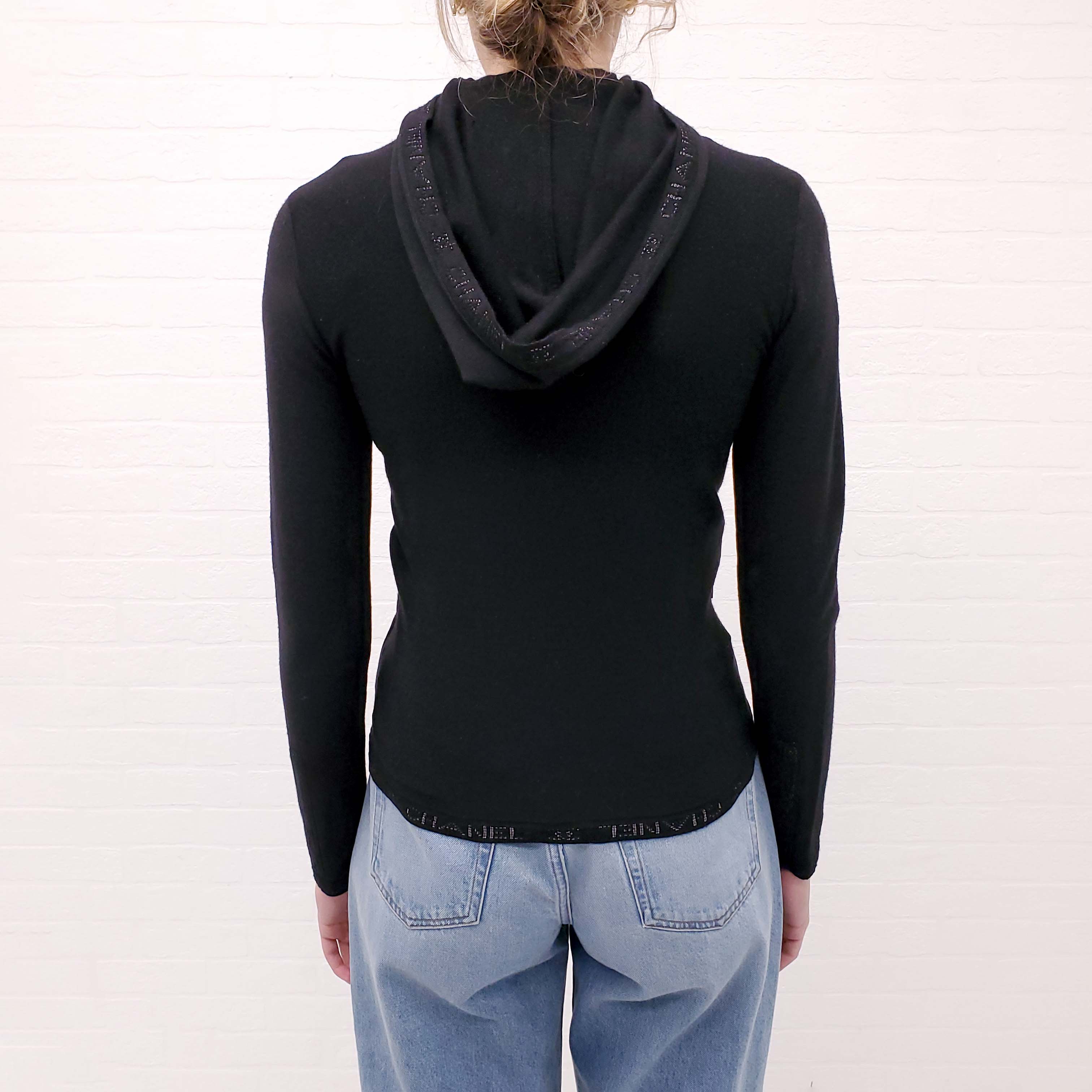 CHANEL SPORT BLACK WOOL ARGYLE SWEATER WITH HOOD AND LOGO DETAIL - SIZE 36