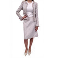 CHANEL S/S 2004 BABY BLUE AND PINK TWEED SUIT WITH FRINGE DETAIL AND PEARL BUTTONS - SIZE 38/40