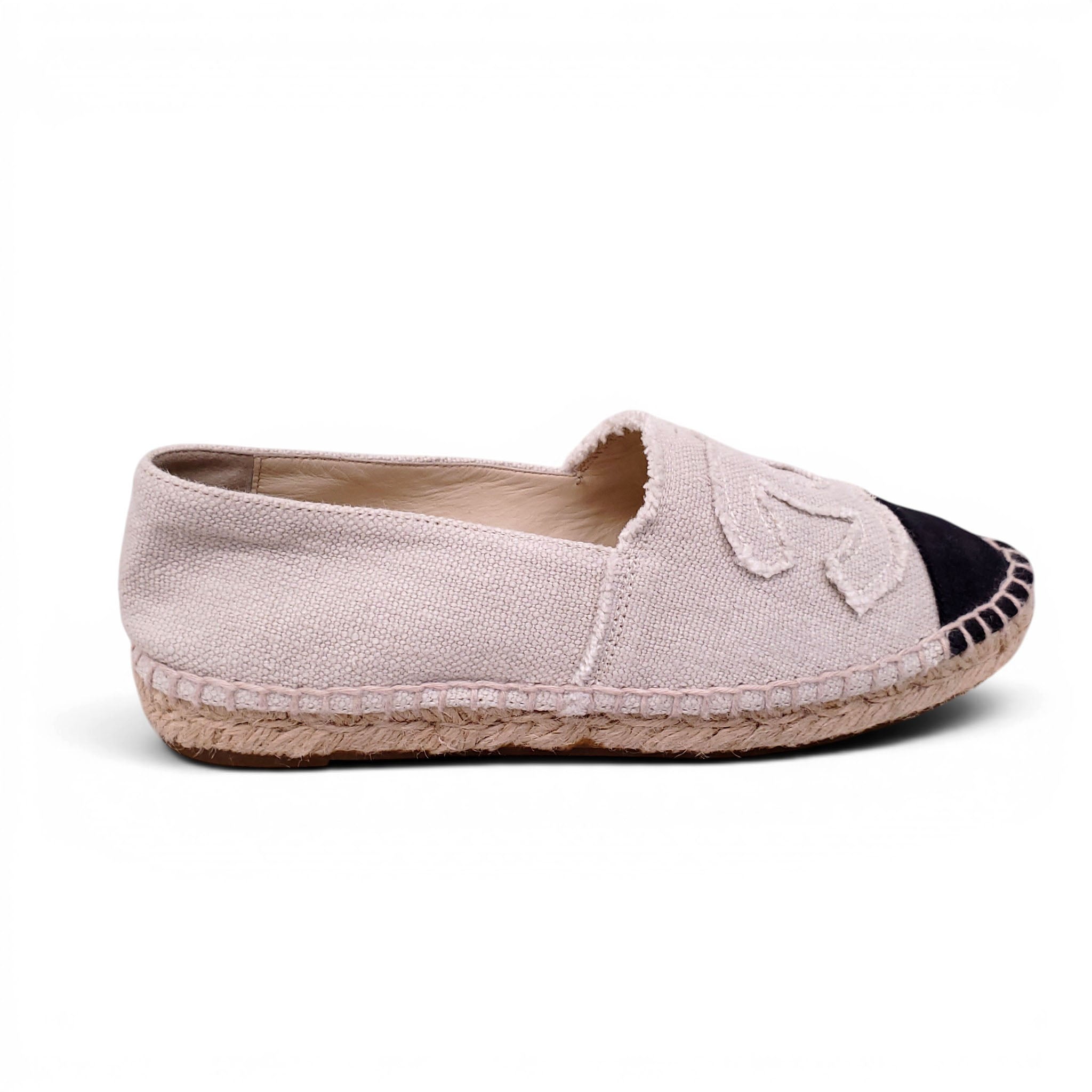CHANEL TAUPE AND BLACK FABRIC LOGO ESPADRILLES - SIZE 37