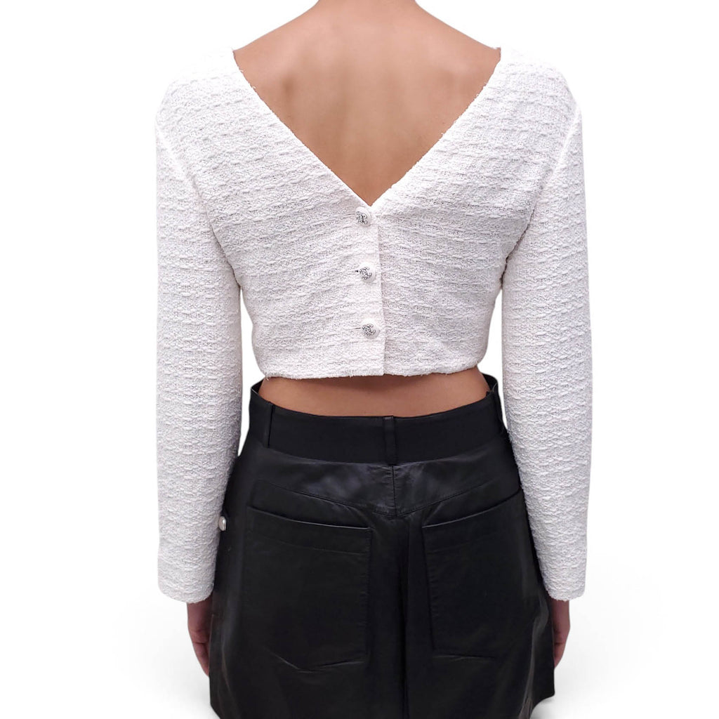 CHANEL TWEED TOP WITH CC & CRYSTAL LOGO BUTTONS DOWN THE BACK - SIZE 34