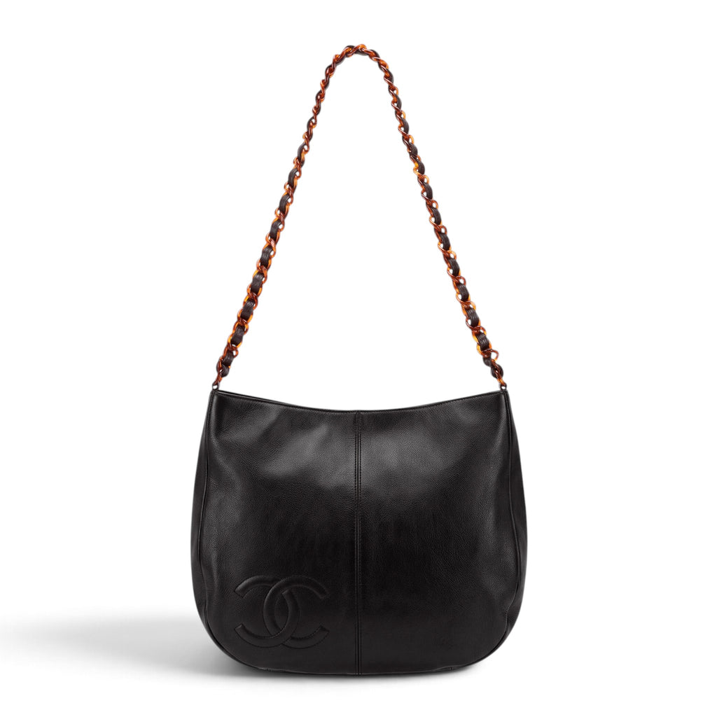 CHANEL VINTAGE BLACK LEATHER CC CROSSBODY WITH TORTOISE CHAIN