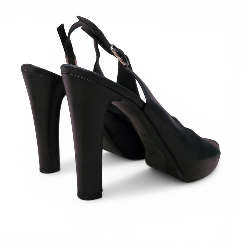 CHANEL VINTAGE BLACK LEATHER PEEP TOE HEELS WITH SILVER LOGO SOLES - SIZE 40.5