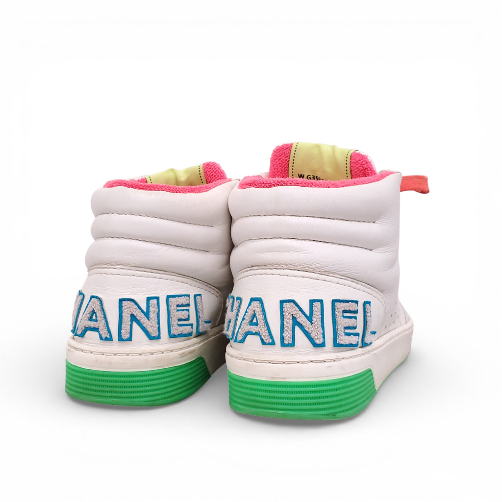 CHANEL WHITE AND NEON LOGO HIGH TOP SNEAKERS - SIZE 39.5