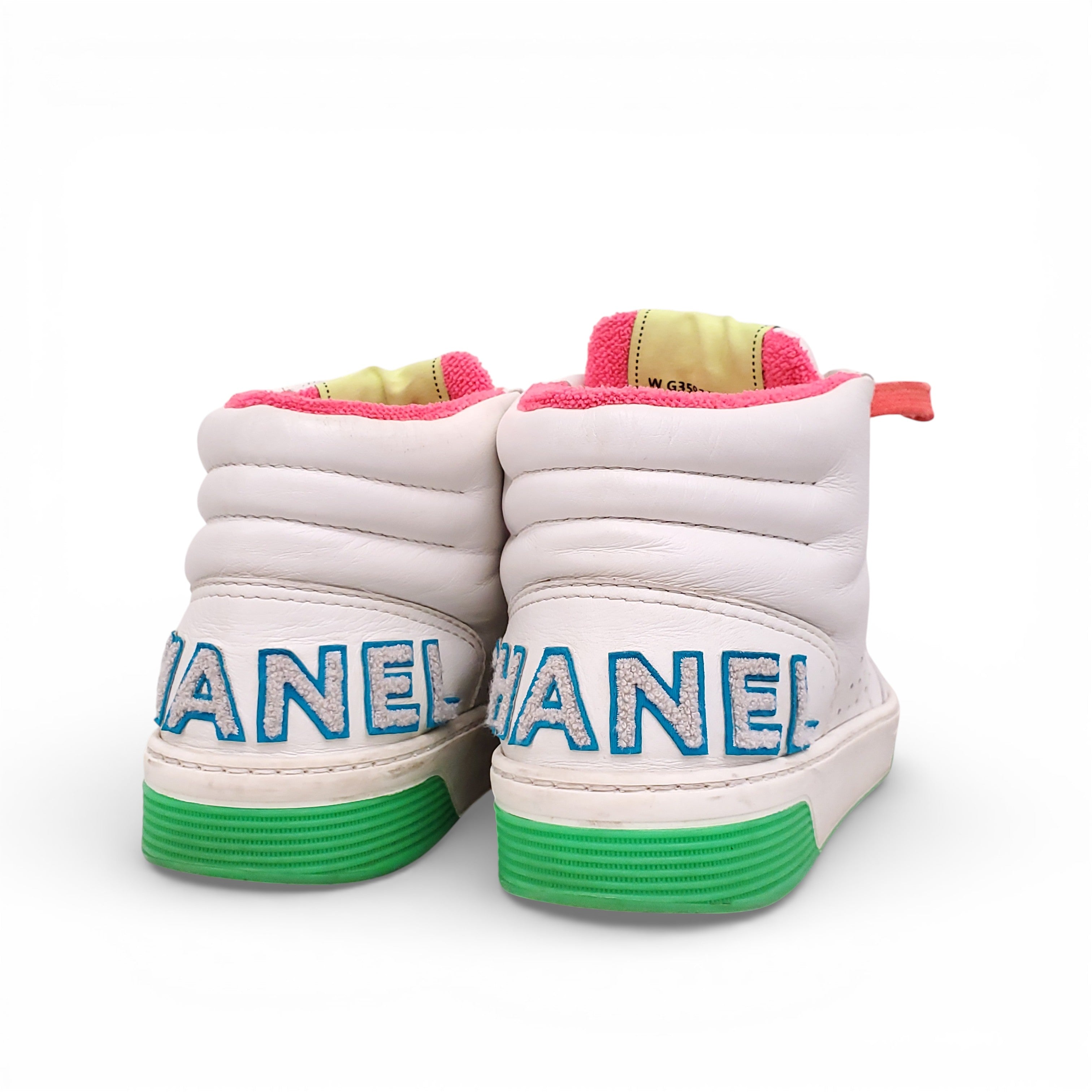 CHANEL WHITE AND NEON LOGO HIGH TOP SNEAKERS - SIZE 39.5