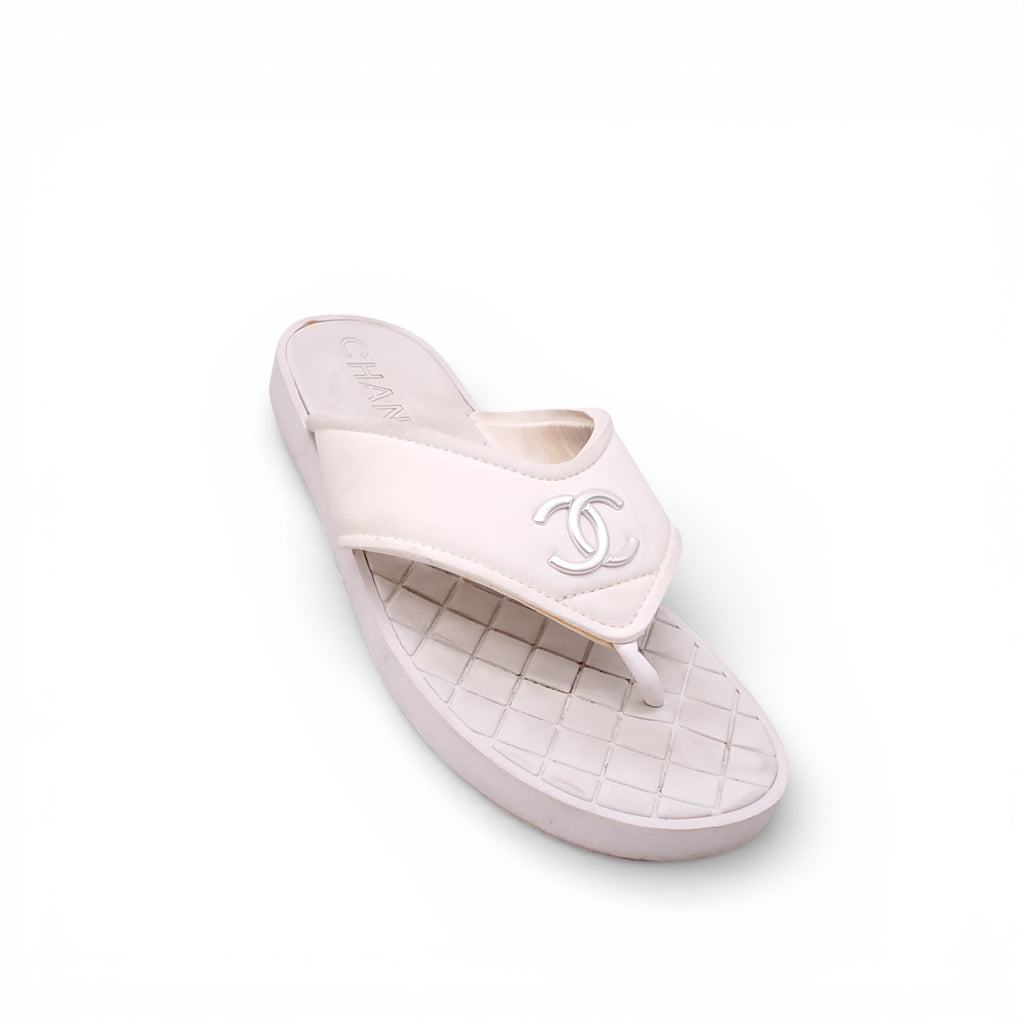CHANEL WHITE FABRIC LOGO FLIP FLOPS - SIZE 40C