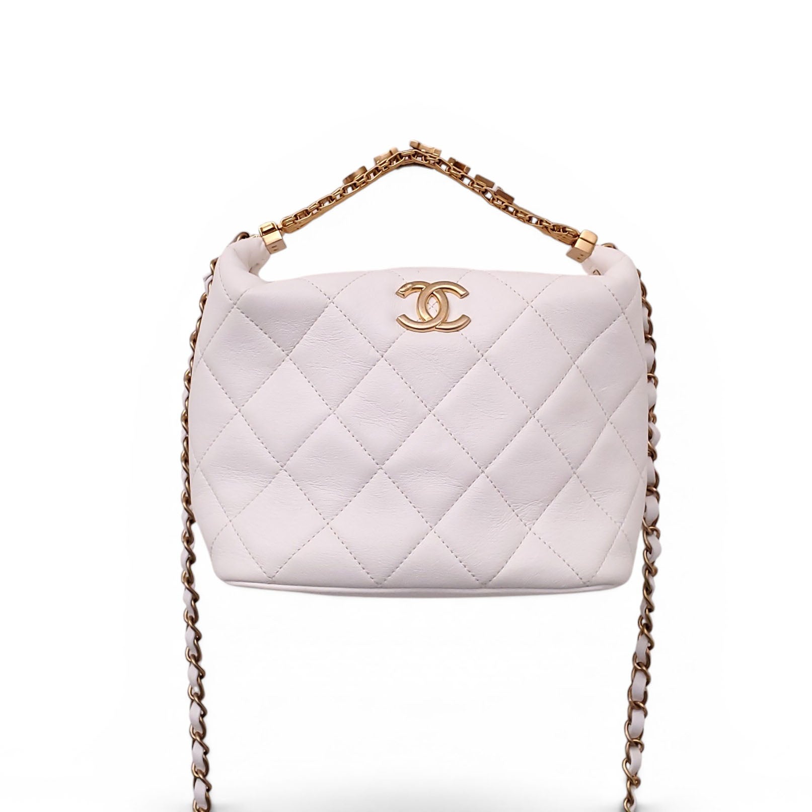 CHANEL WHITE LAMBSKIN QUILTED CRYSTAL LOGO TOP HANDLE BAG WITH CROSSBODY