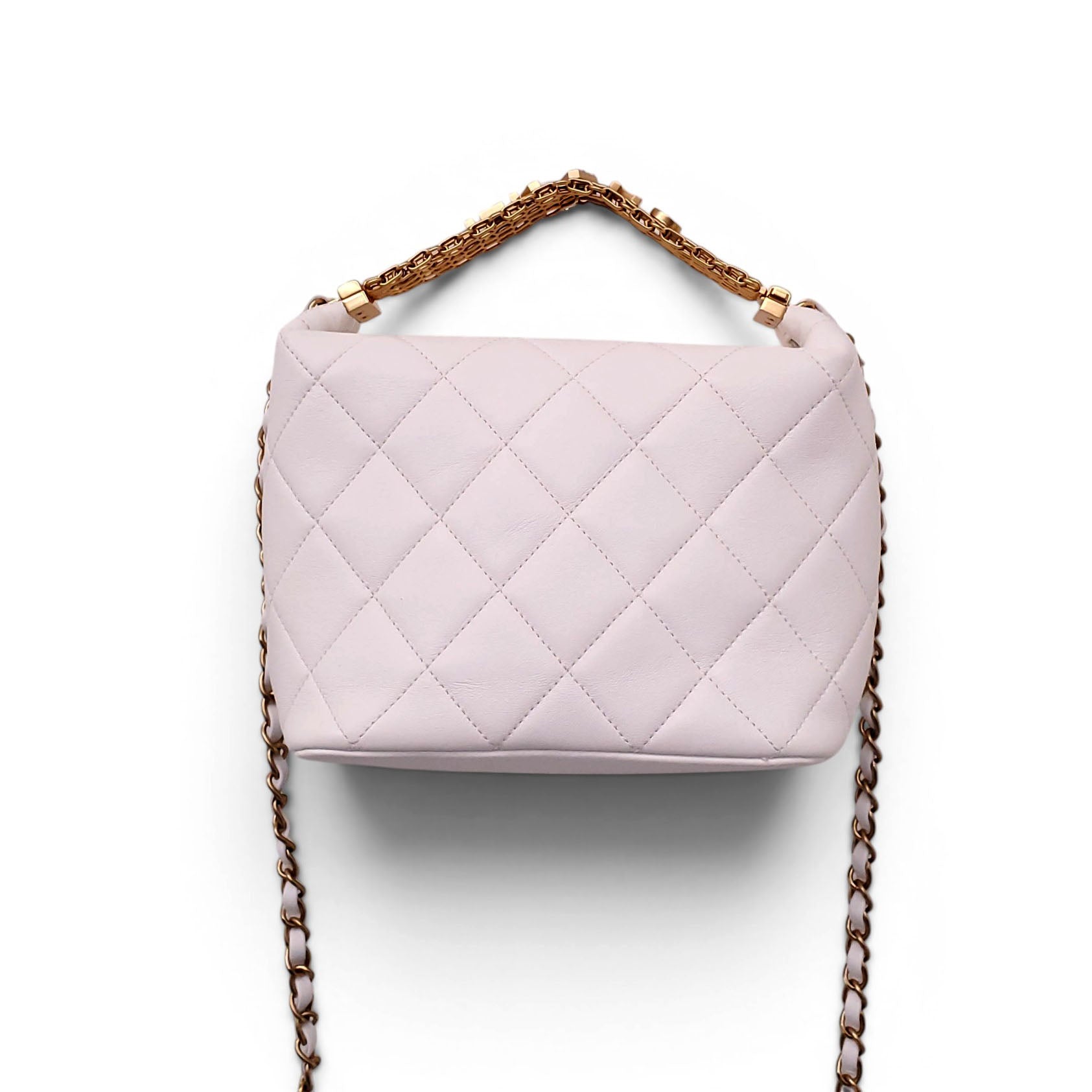 CHANEL WHITE LAMBSKIN QUILTED CRYSTAL LOGO TOP HANDLE BAG WITH CROSSBODY
