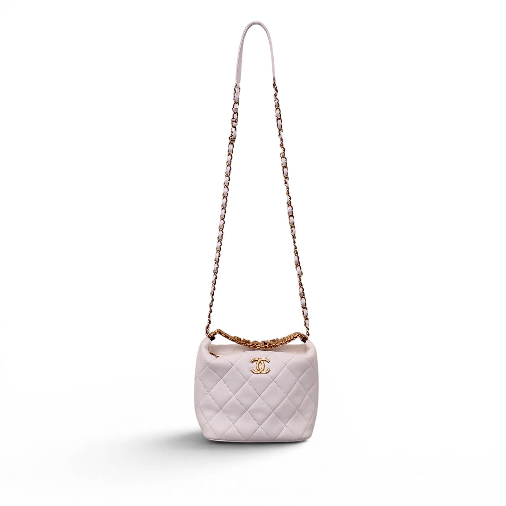 CHANEL WHITE LAMBSKIN QUILTED CRYSTAL LOGO TOP HANDLE BAG WITH CROSSBODY