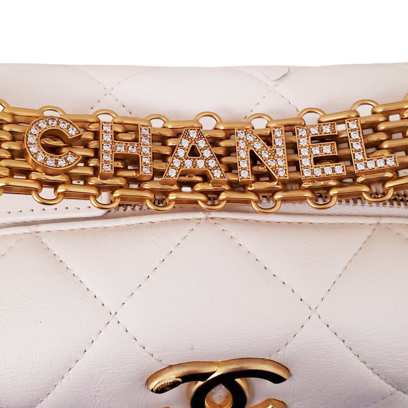 CHANEL WHITE LAMBSKIN QUILTED CRYSTAL LOGO TOP HANDLE BAG WITH CROSSBODY