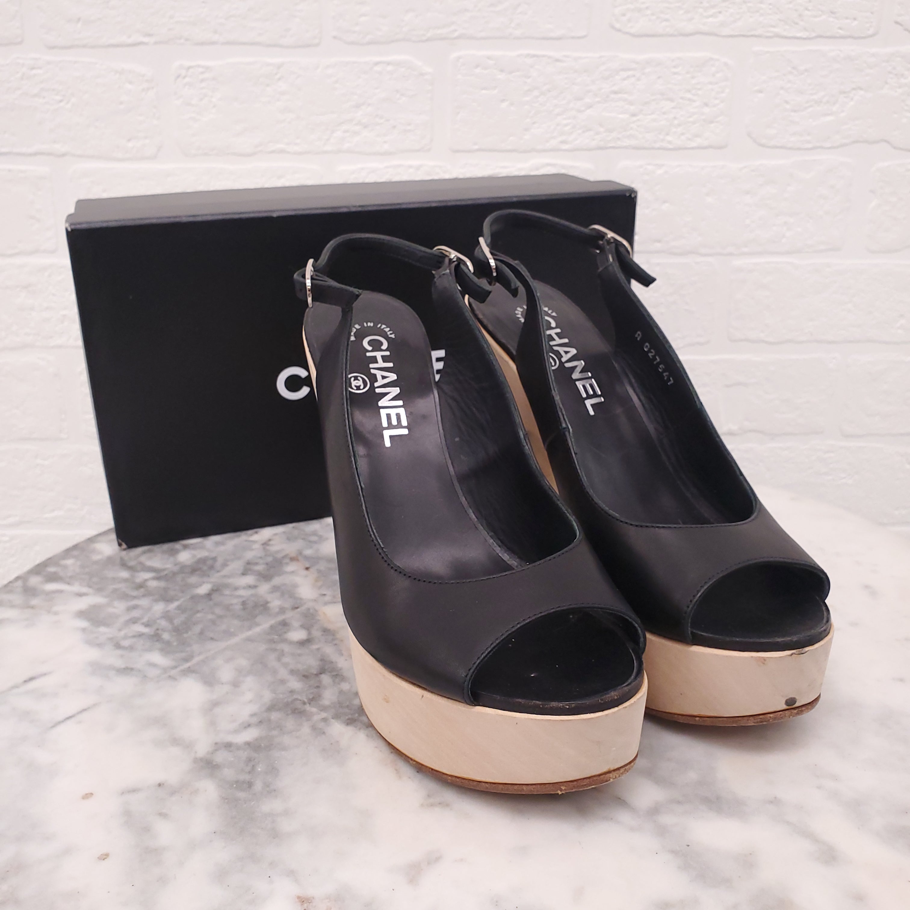 CHANEL WOOD LOGO HEELS - SIZE 38
