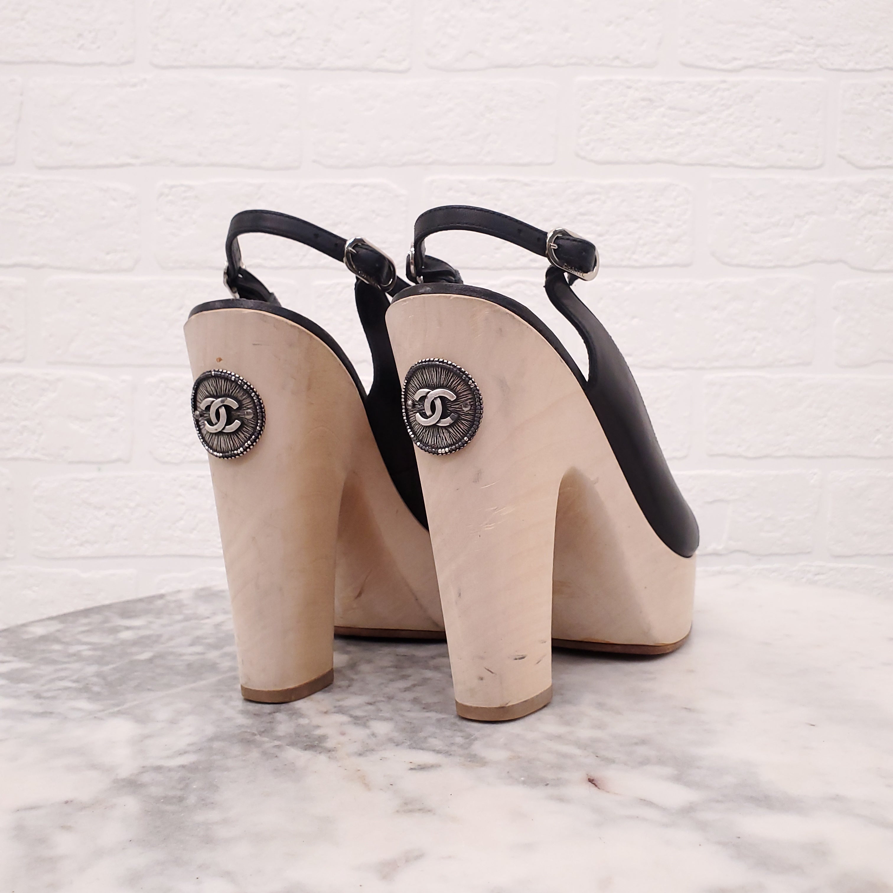 CHANEL WOOD LOGO HEELS - SIZE 38