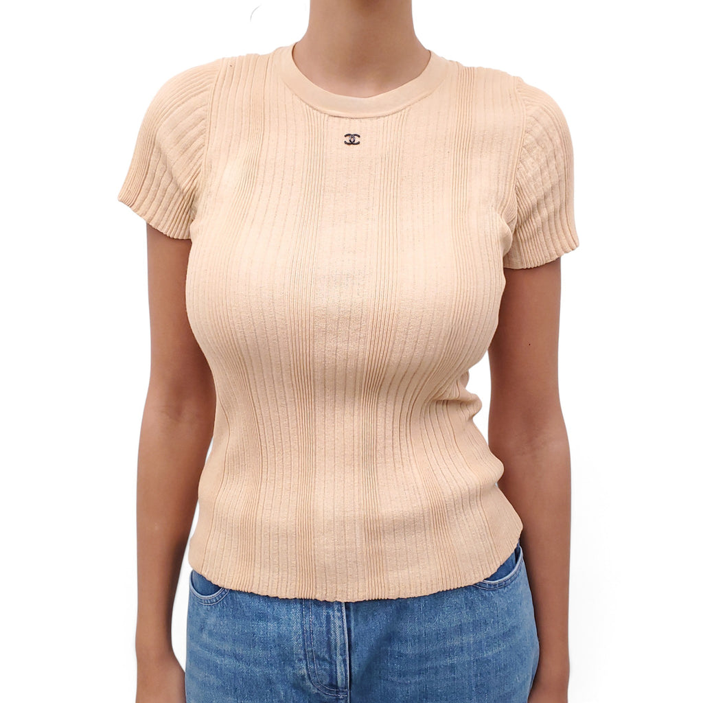CHANEL YELLOW RIBBED TOP WITH LOGO - SIZE 38