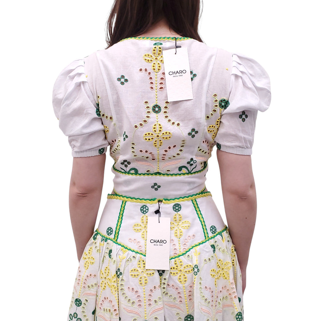 CHARO RUIZ WHITE, YELLOW, AND GREEN EYELET SKIRT SET - SIZE M/L