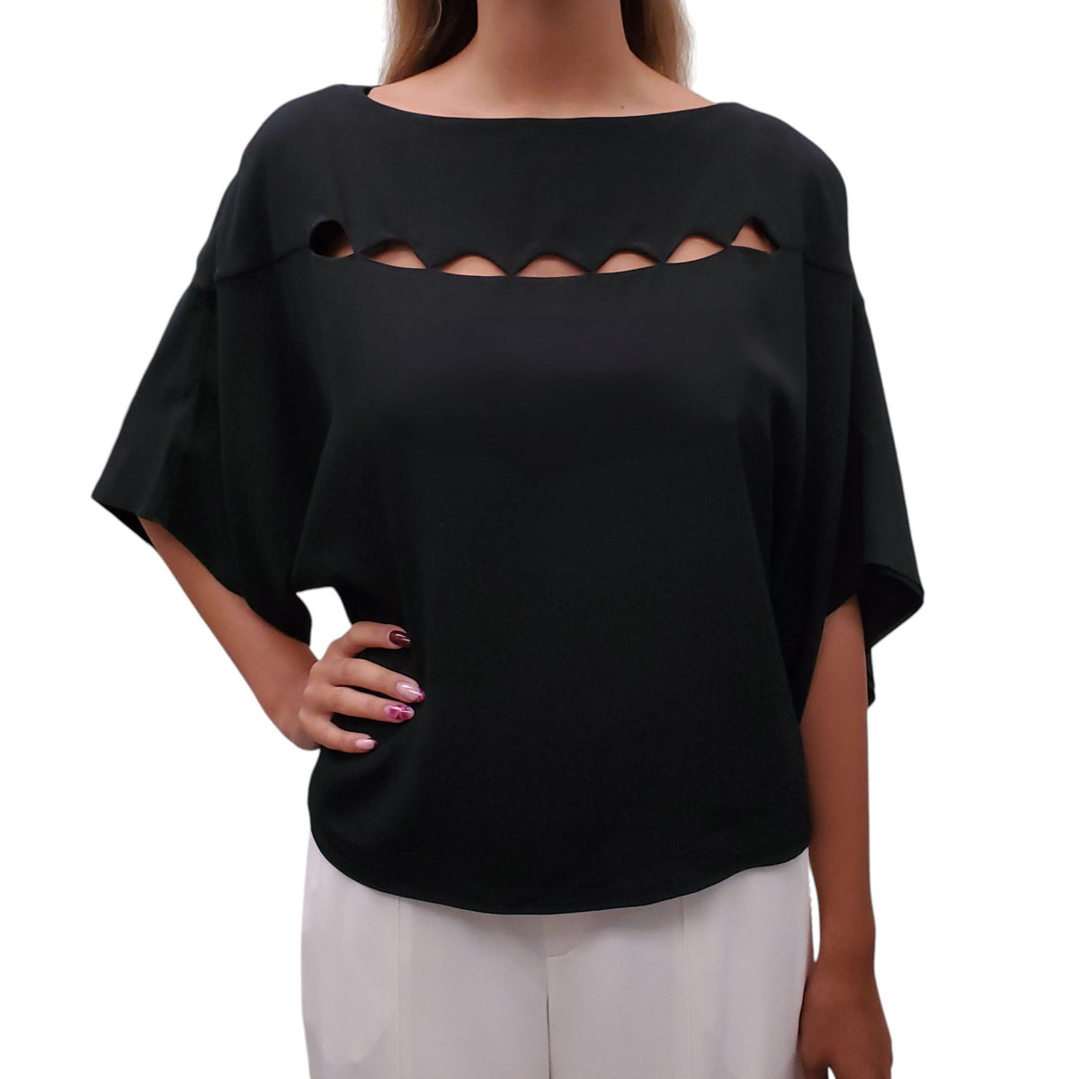 CHLOÉ BLACK SILK BLOUSE WITH CUTOUT DETAIL - SIZE 36(OVERSIZED)
