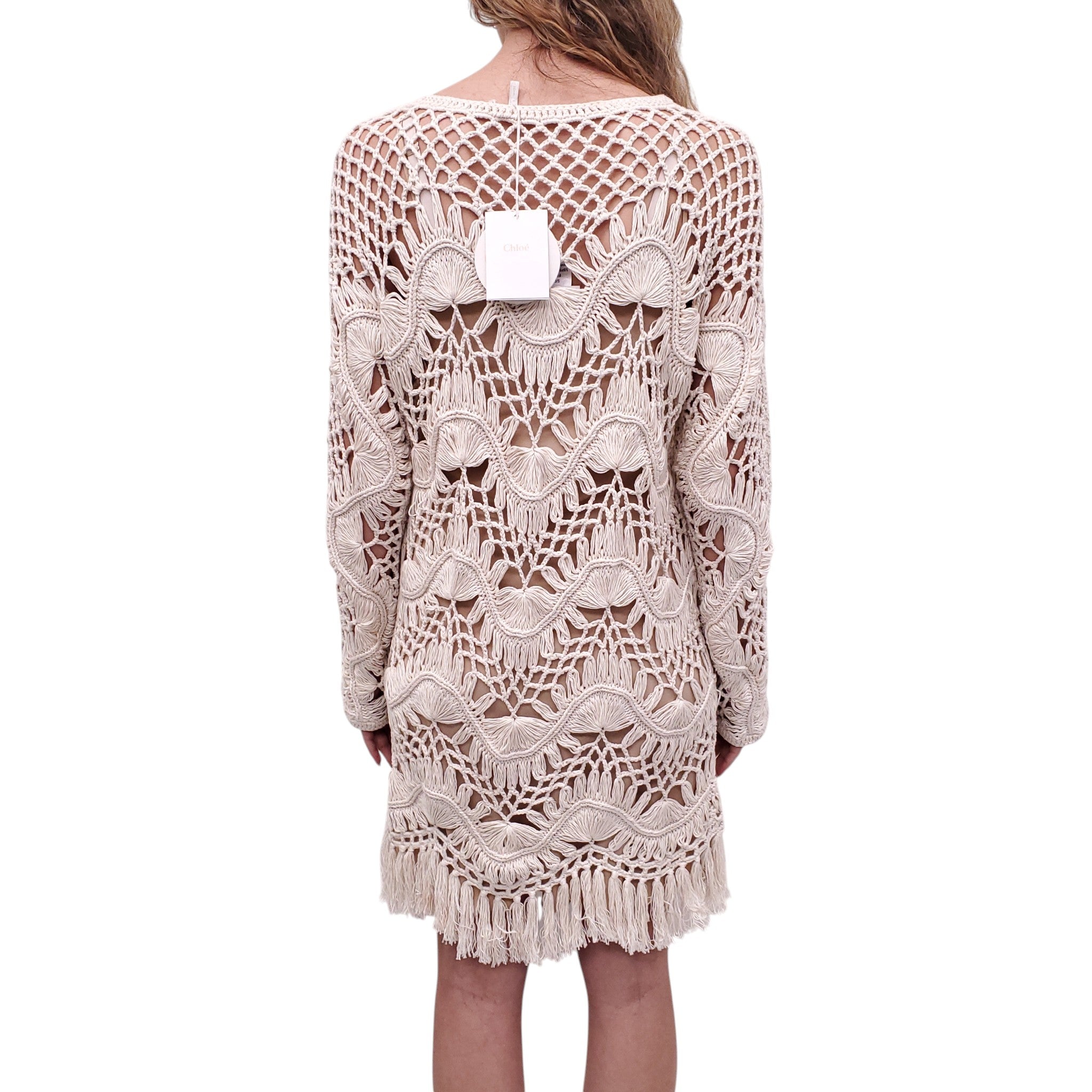 CHLOÉ CREAM CROCHET FRINGE DRESS - SIZE L