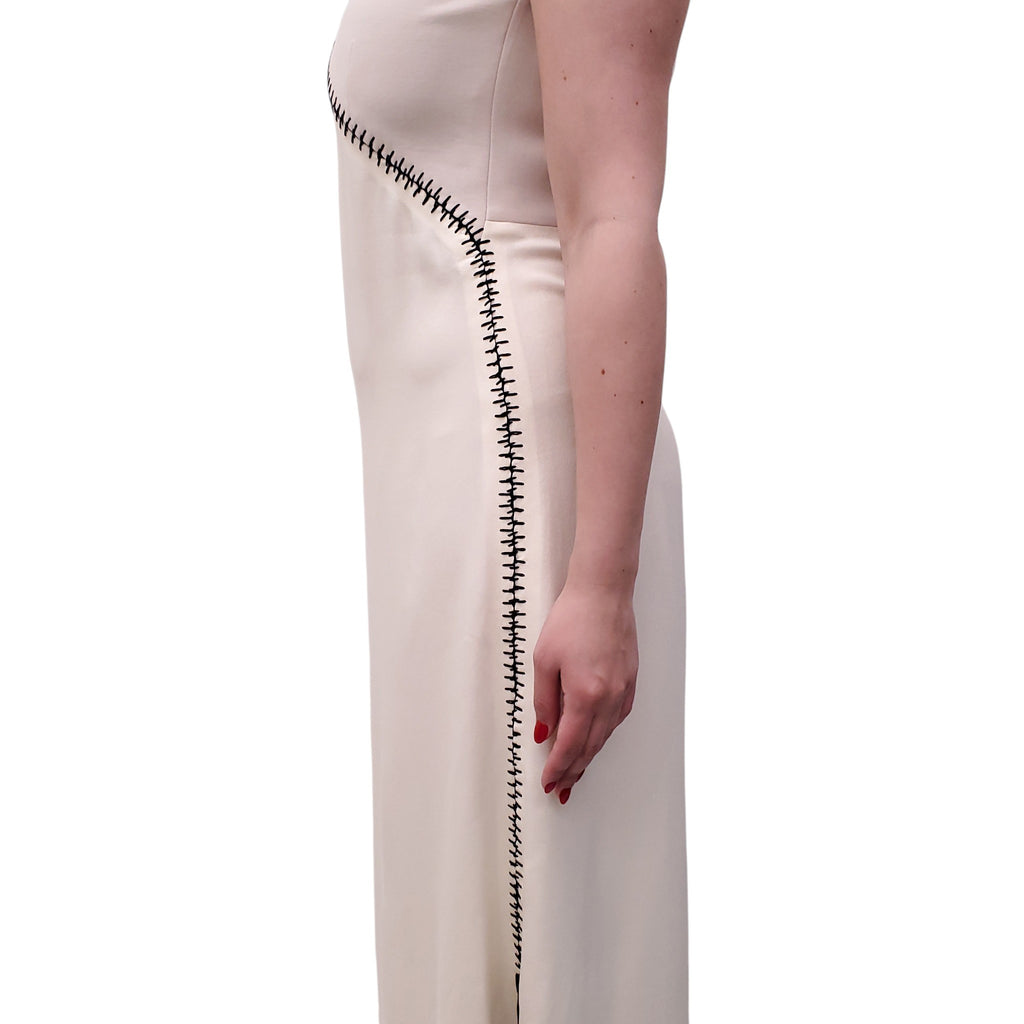 CHLOÉ PEARL BEIGE MAXI DRESS WITH BLACK STITCHING - SIZE 38
