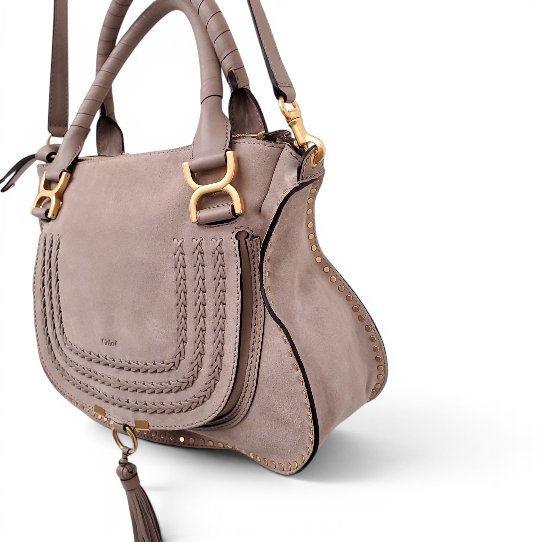 CHLOÉ TAUPE SUEDE STUDDED MARCIE BAG
