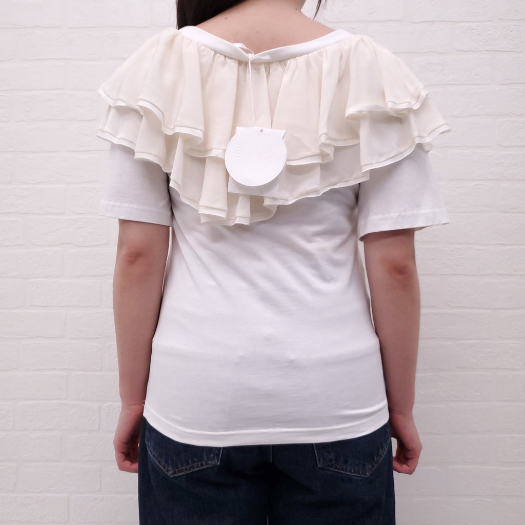 CHLOÉ WHITE COTTON T-SHIRT WITH CREAM SILK RUFFLE DETAIL - SIZE XS