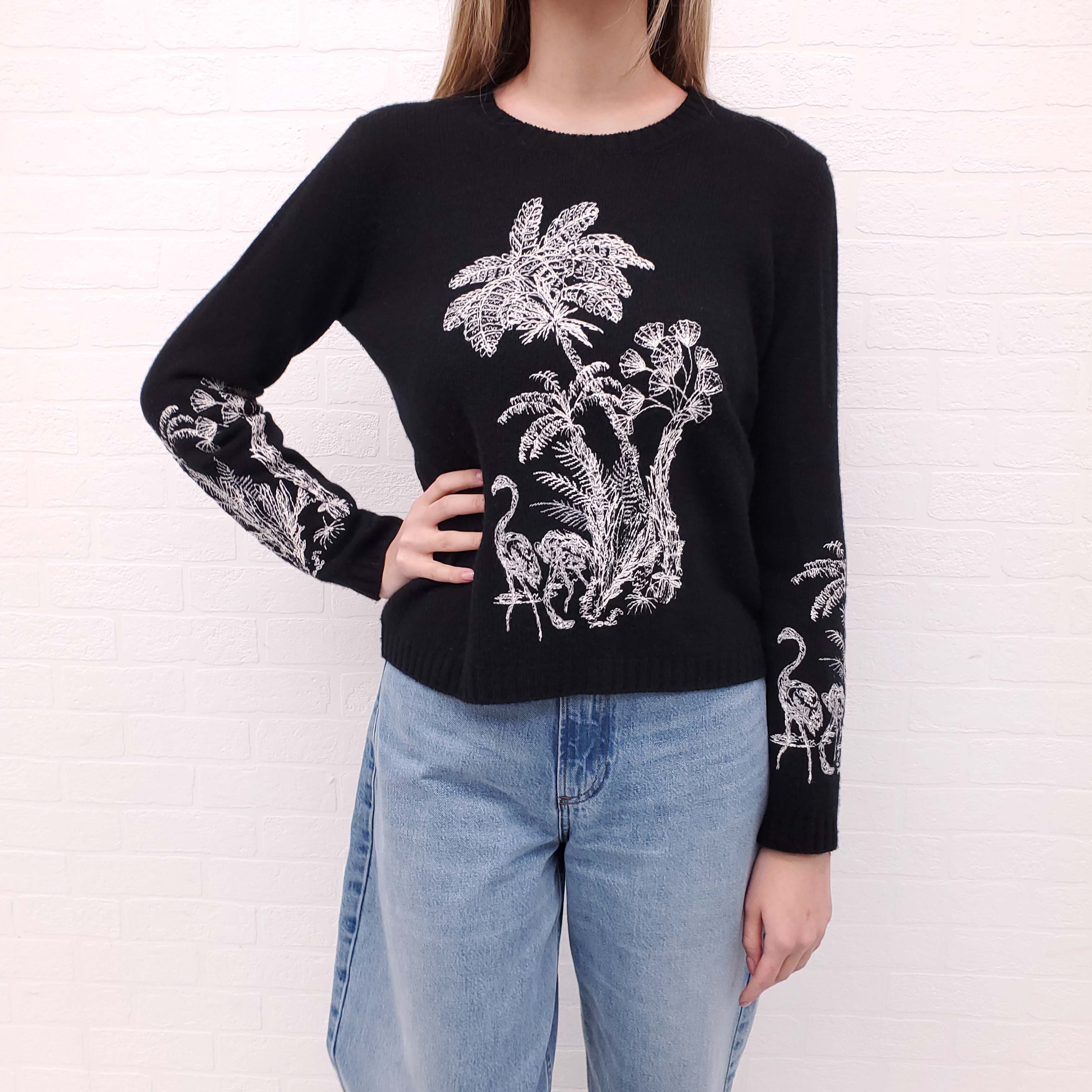 CHRISTIAN DIOR BLACK CASHMERE CREWNECK PULLOVER WITH PALM TREE - SIZE 6