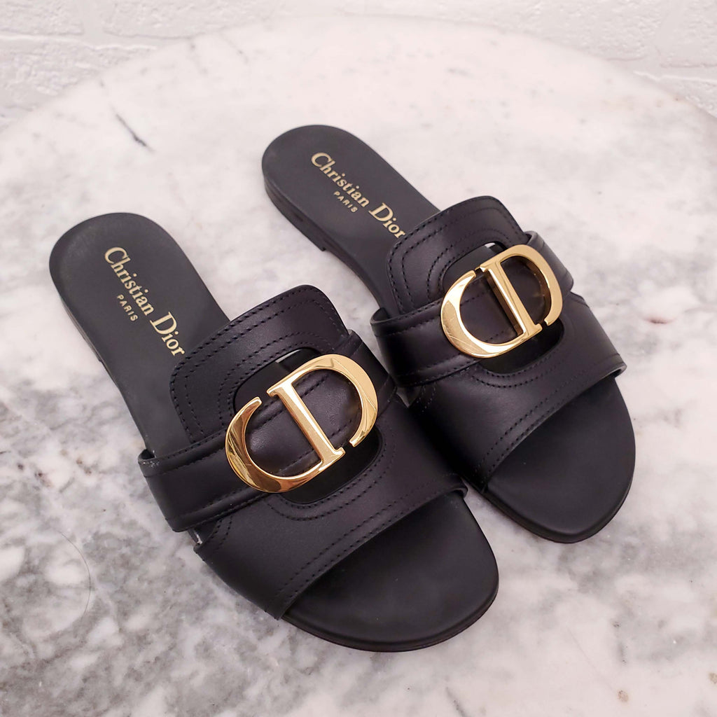 CHRISTIAN DIOR BLACK CD LEATHER SLIDES - SIZE 35