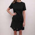 CHRISTIAN DIOR BLACK DRESS WITH BLUE EYELET FLOWERS - SIZE 10