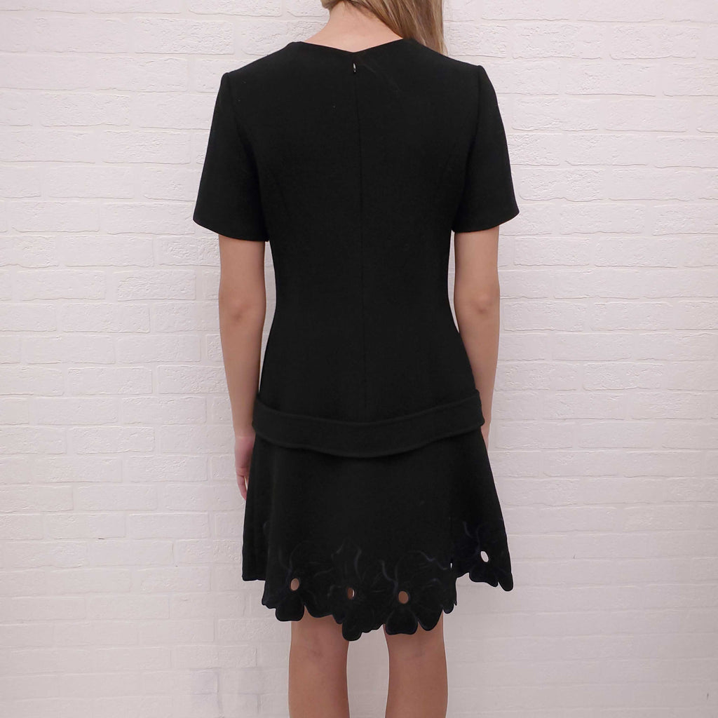 CHRISTIAN DIOR BLACK DRESS WITH BLUE EYELET FLOWERS - SIZE 10