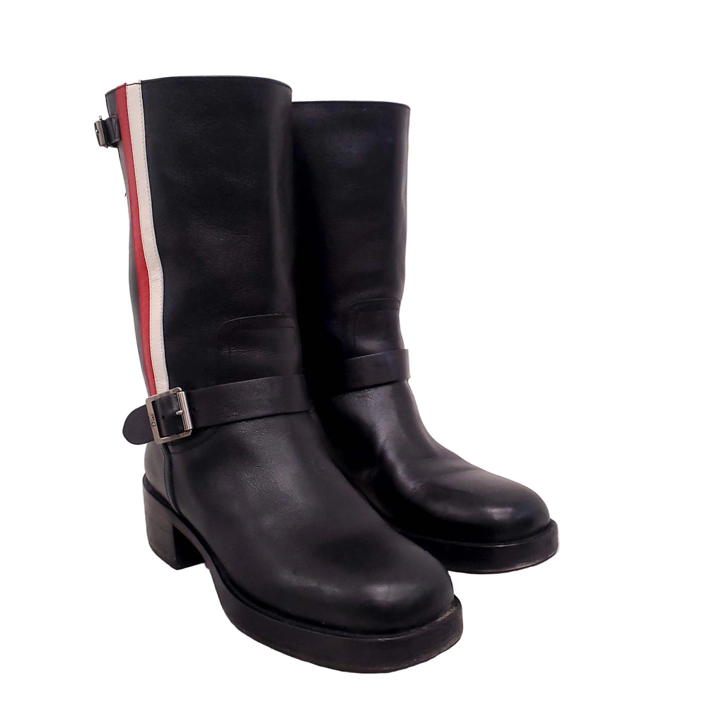CHRISTIAN DIOR BLACK LEATHER 'DIORIDER' BIKER BOOTS WITH RED AND WHITE STRIPES - SIZE 38