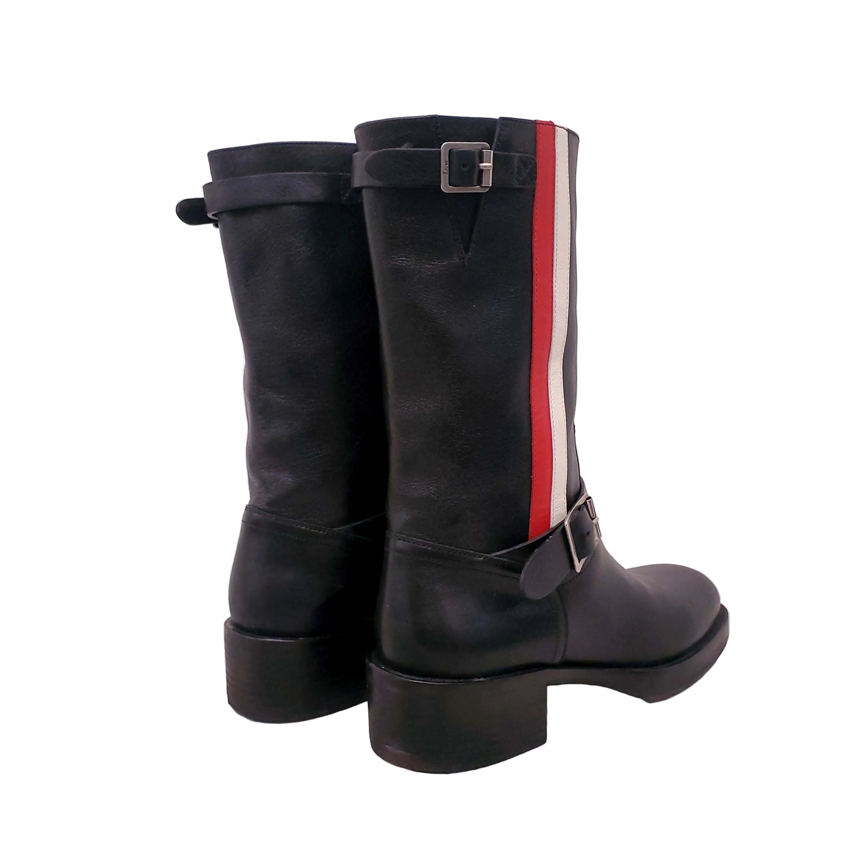 CHRISTIAN DIOR BLACK LEATHER 'DIORIDER' BIKER BOOTS WITH RED AND WHITE STRIPES - SIZE 38