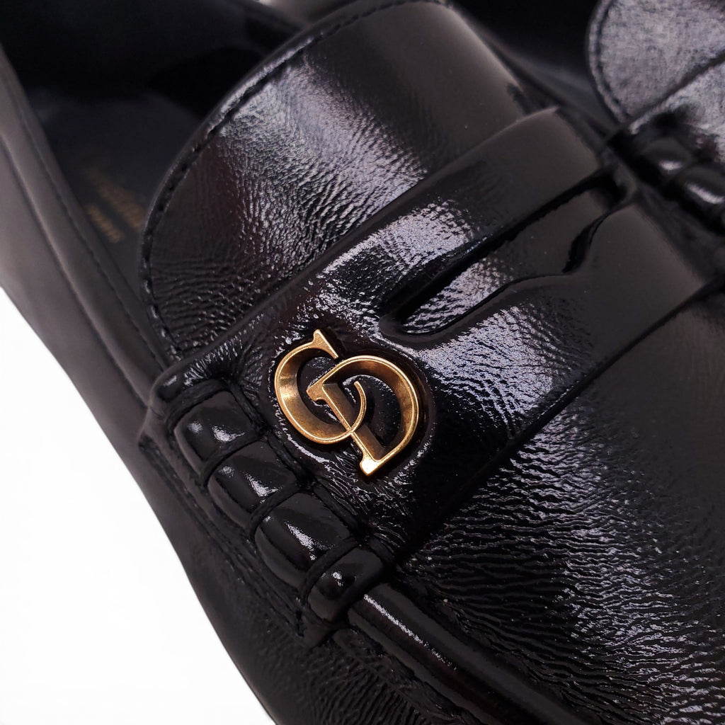 CHRISTIAN DIOR BLACK PATENT CD LOGO LOAFERS - SIZE 35.5