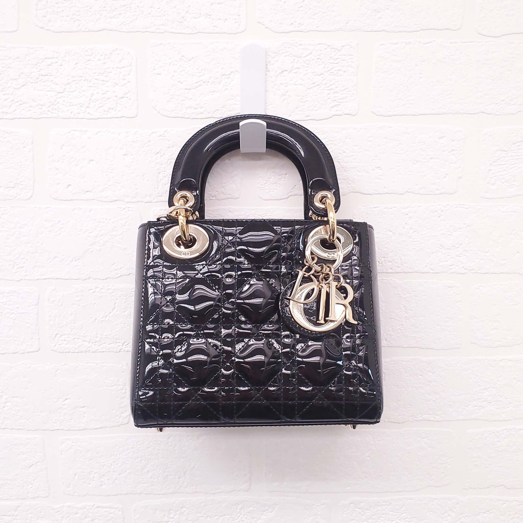 CHRISTIAN DIOR BLACK PATENT 'MINI LADY DIOR' BAG