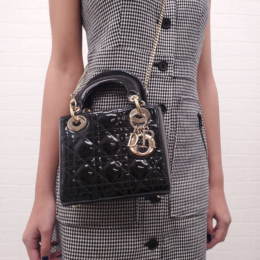 CHRISTIAN DIOR BLACK PATENT 'MINI LADY DIOR' BAG
