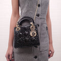 CHRISTIAN DIOR BLACK PATENT 'MINI LADY DIOR' BAG