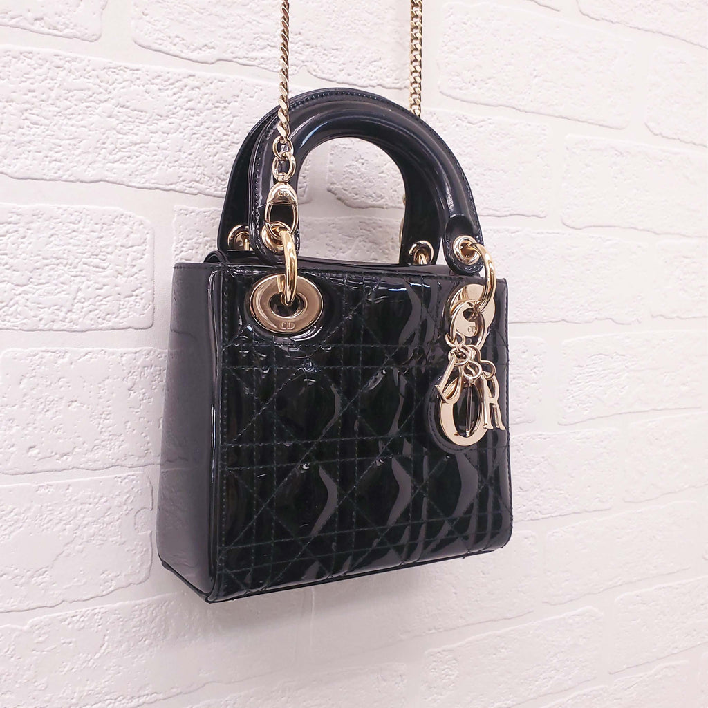 CHRISTIAN DIOR BLACK PATENT 'MINI LADY DIOR' BAG