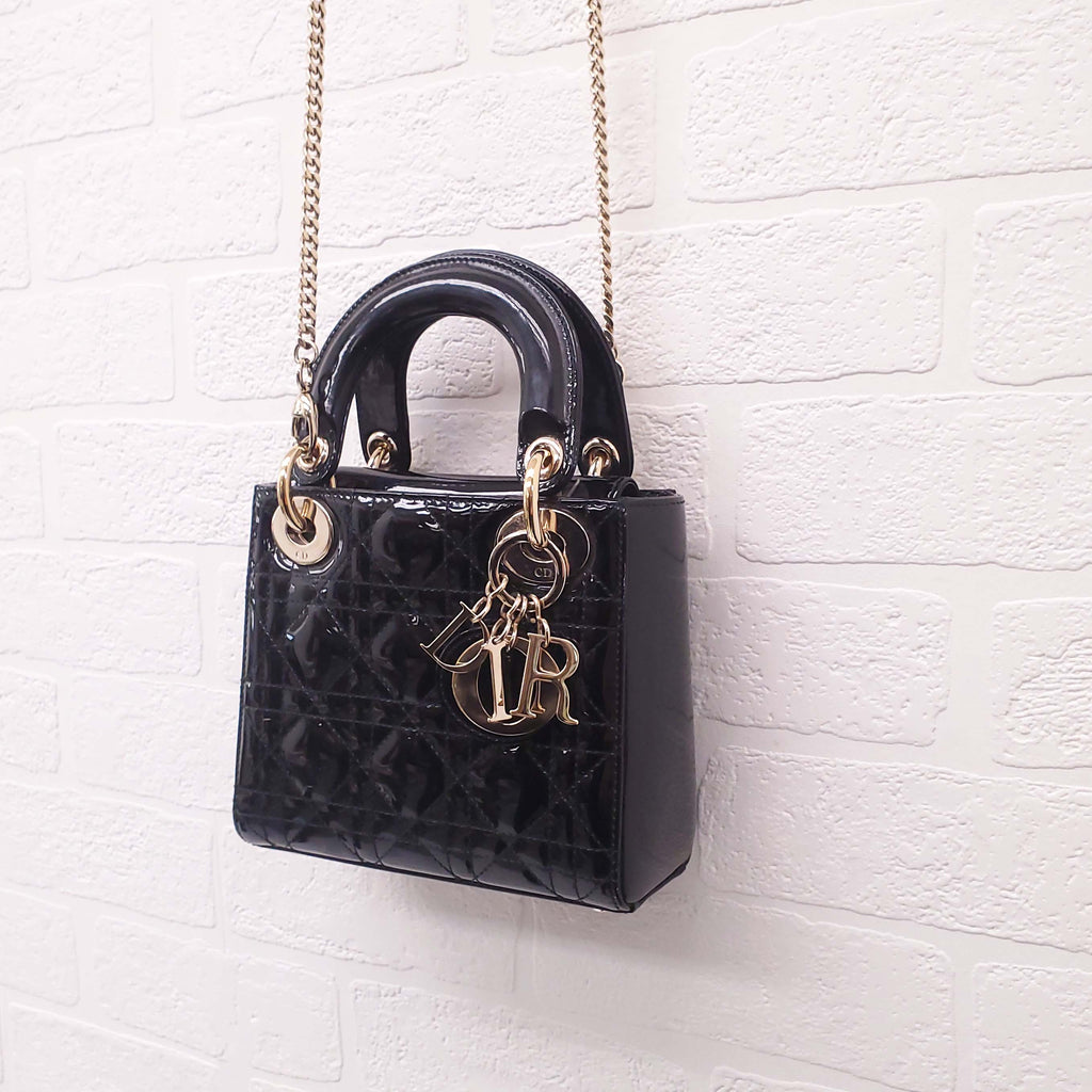 CHRISTIAN DIOR BLACK PATENT 'MINI LADY DIOR' BAG
