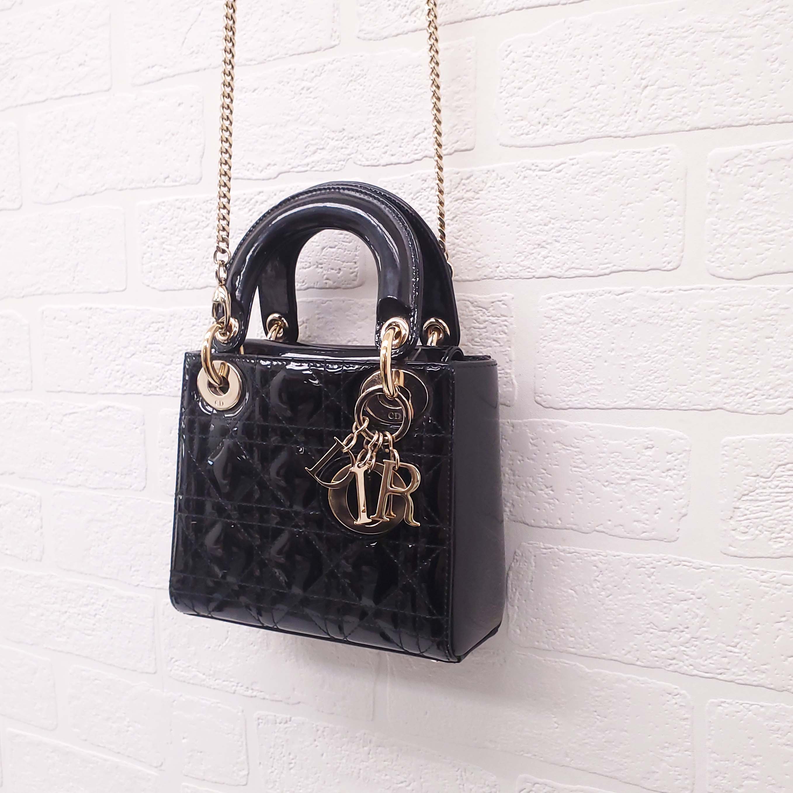 CHRISTIAN DIOR BLACK PATENT 'MINI LADY DIOR' BAG